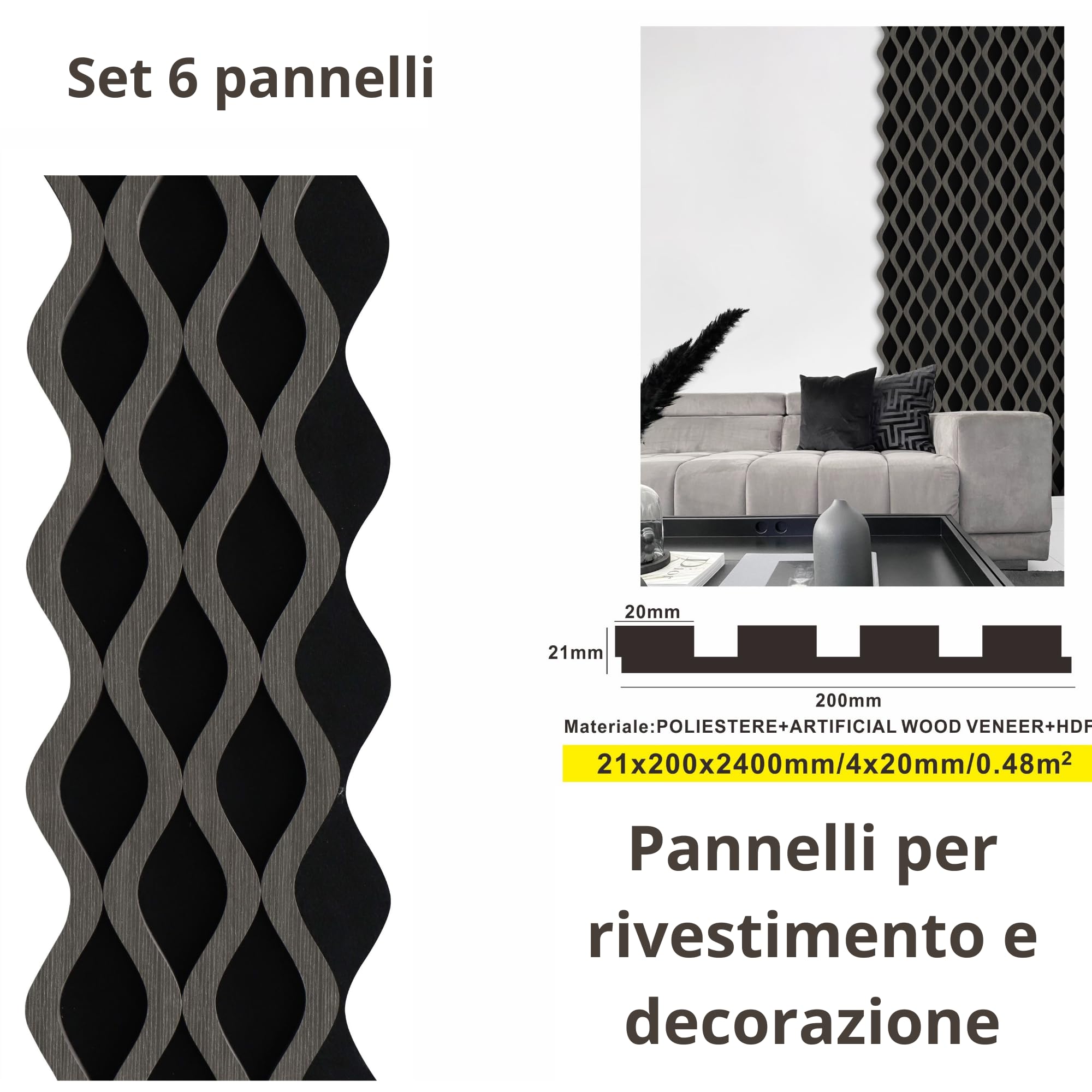 Juego de 6 paneles de pared de plástico con efecto de láminas, revestimiento de pared, techo, interior y exterior, 20 x 240 cm, encastre lateral, recortables, rígidos, decorativos, negro, PVC, doble