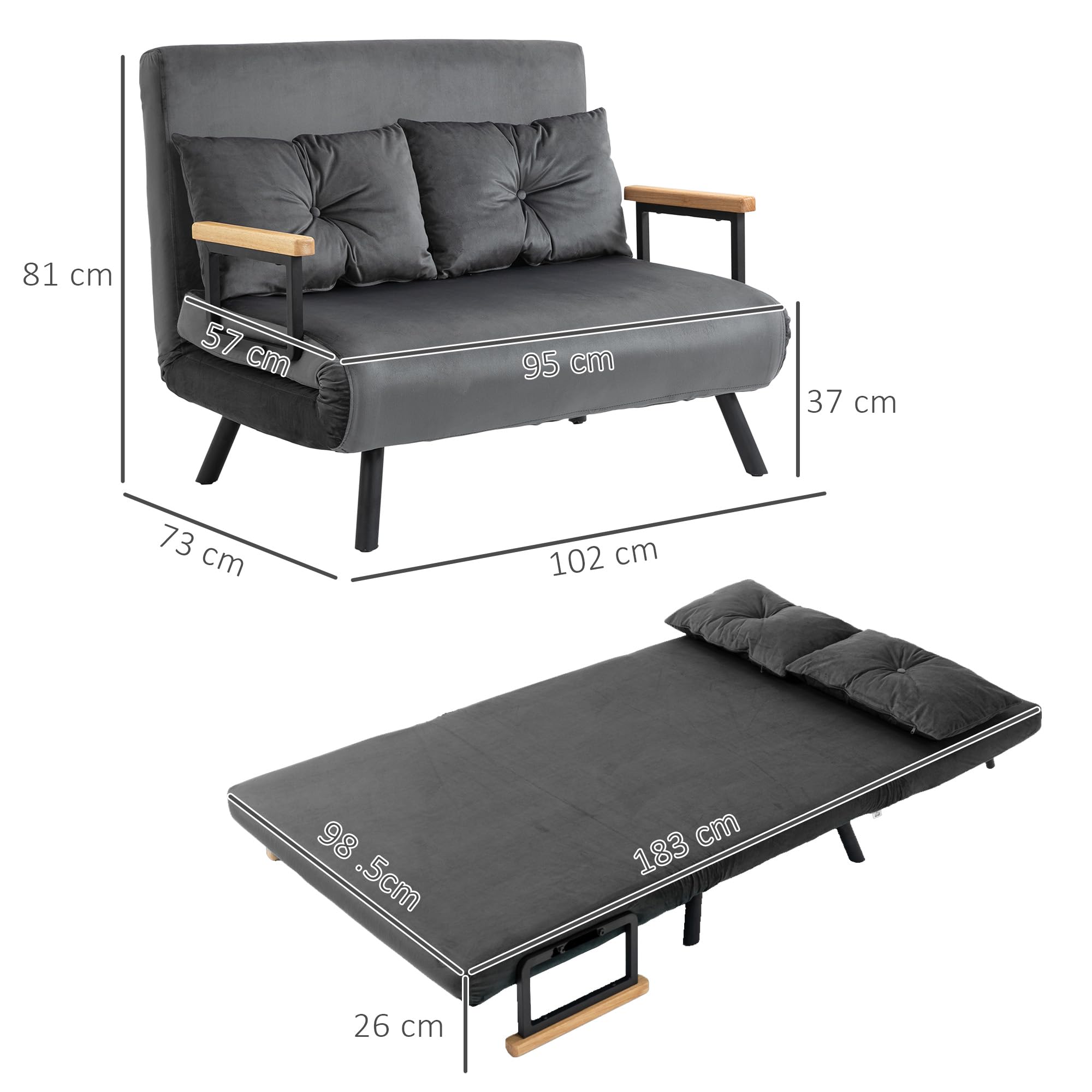 HOMCOM Schlafsofa 4 in 1 2 Sitzer Sofa mit Schlaffunktion, 183 x 98,5 cm Klappbar Couch Schlafcouch mit 5-stufig Verstellbarer Rückenlehne, Lendenkissen und Samtoptik für Wohnzimmer, Dunkelgrau