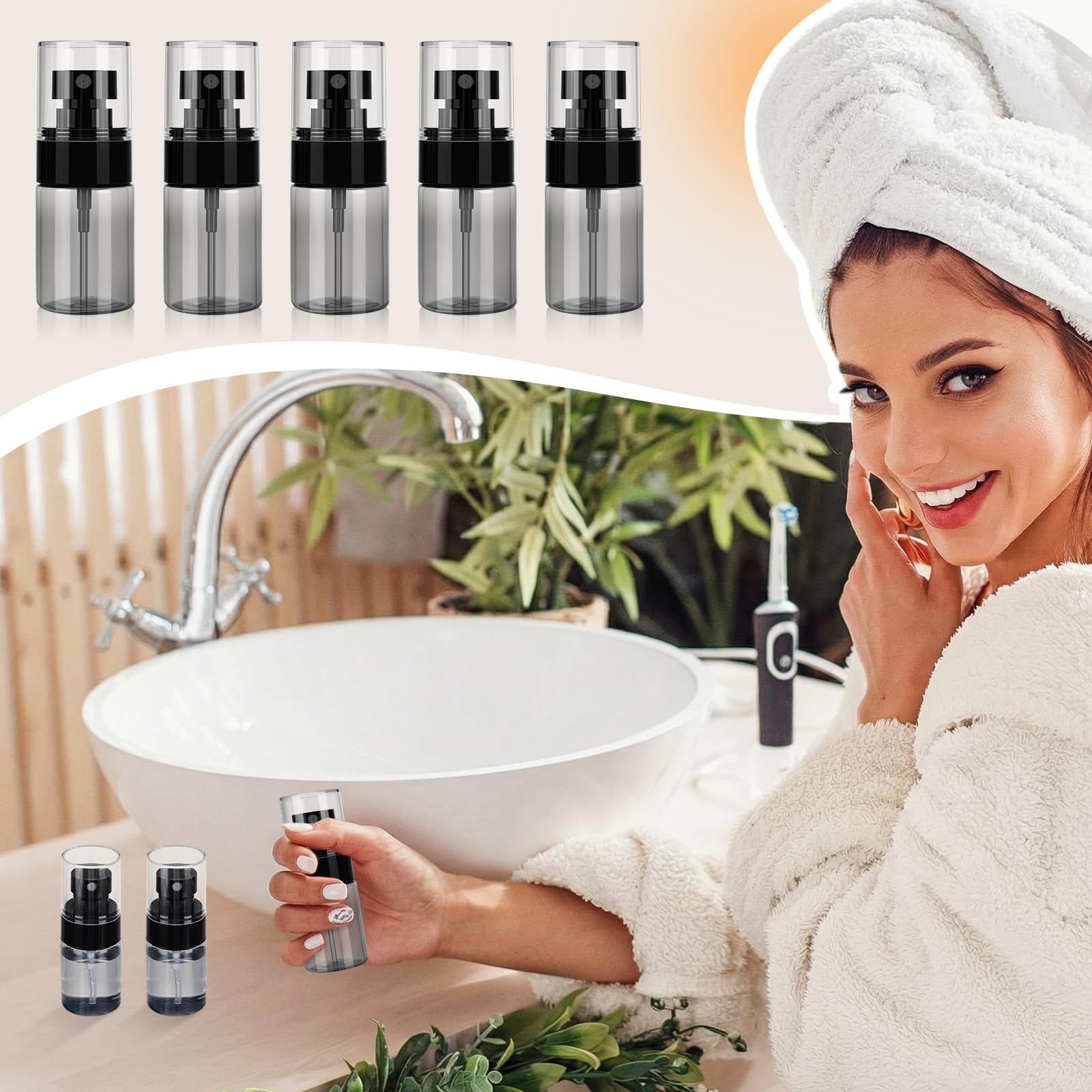 Confezione da 100 mini flaconi spray da viaggio a prova di perdite, ricaricabili, in plastica, vuoti, per capelli, profumi, oli essenziali, toner, capelli e viso (nero)