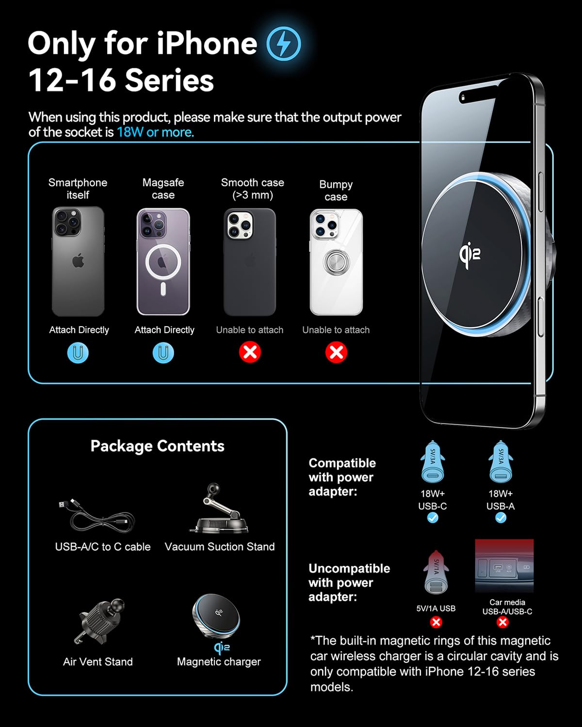 Qi2 15W Ricarica Veloce Magnetico Porta Cellulare Auto [Ventosa a Vuoto & Regolabile 360°] Caricatore Wireless Supporto Telefono per MagSafe per Ventola/Cruscotto/Parabrezza