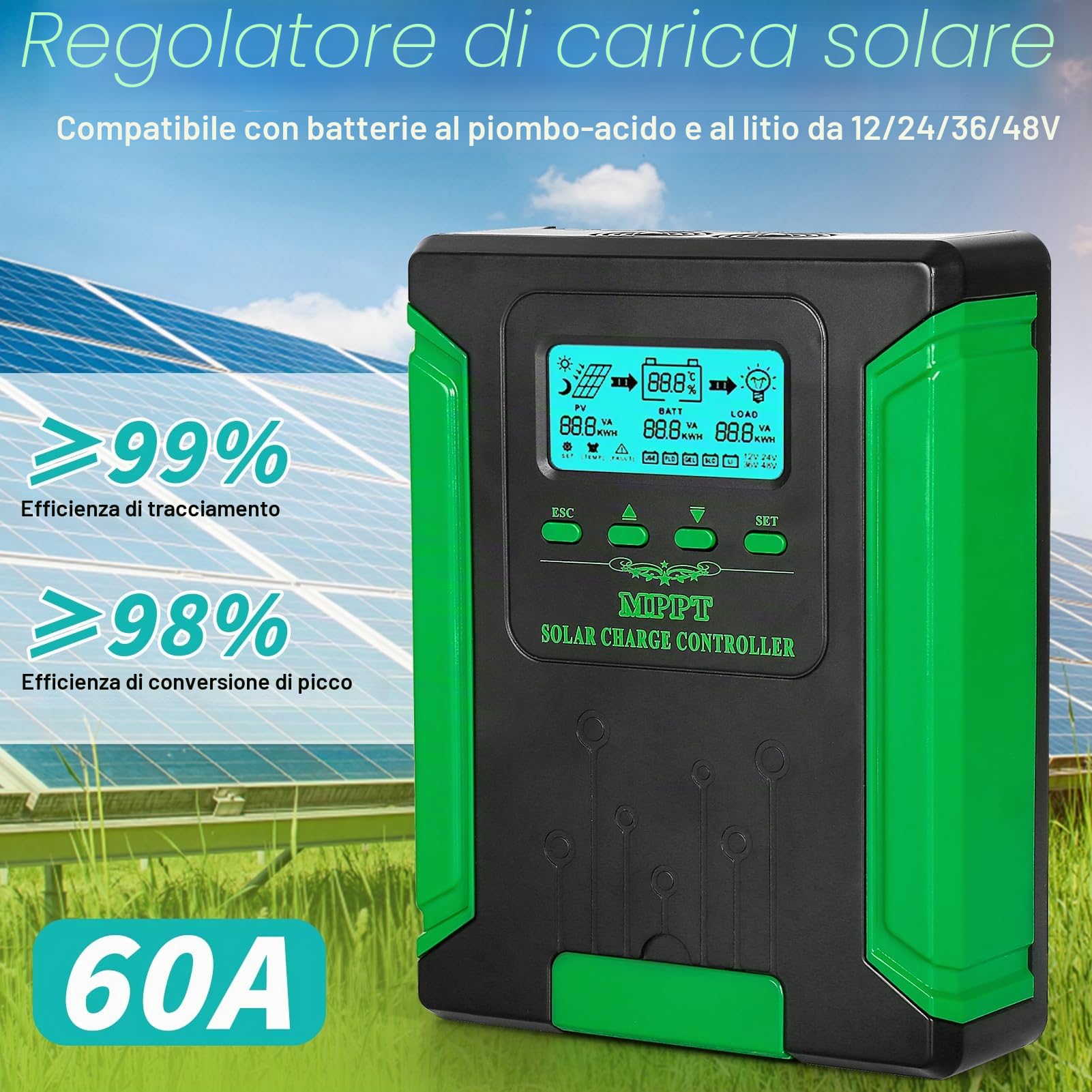BuyWeek Regolatore di Carica MPPT 40A/60A, Regolatore di Carica MPPT Auto Paremeter Regolabile con Display LCD, Regolatore Pannello Solare Ingresso 100/180VDC for AGM Gel e Batteria al Litio 12V 24V 3