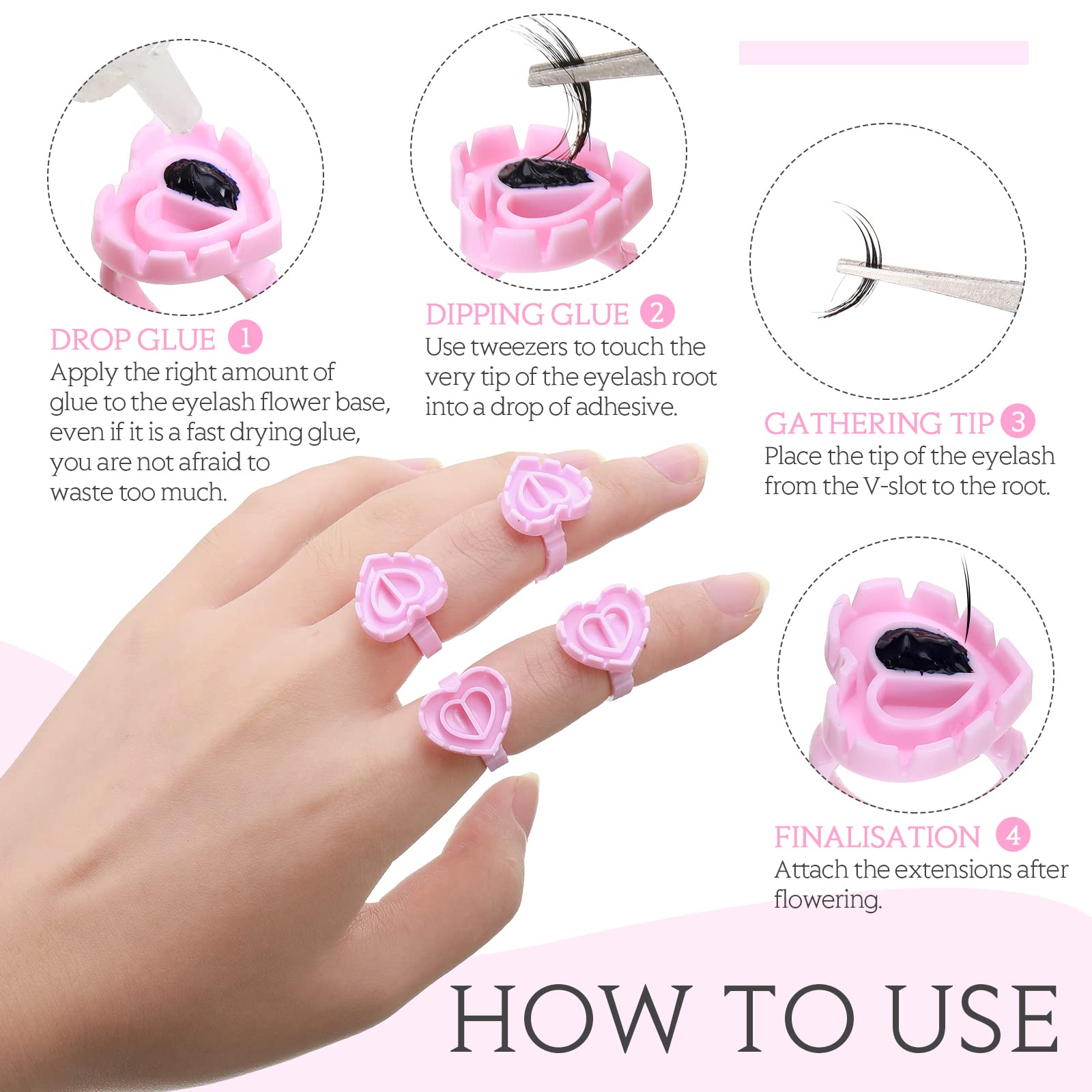 Anneaux de colle jetables pour extensions de cils - Pour salons de beauté - Fournitures d'extension de cils (1 000 pièces, style cœur)