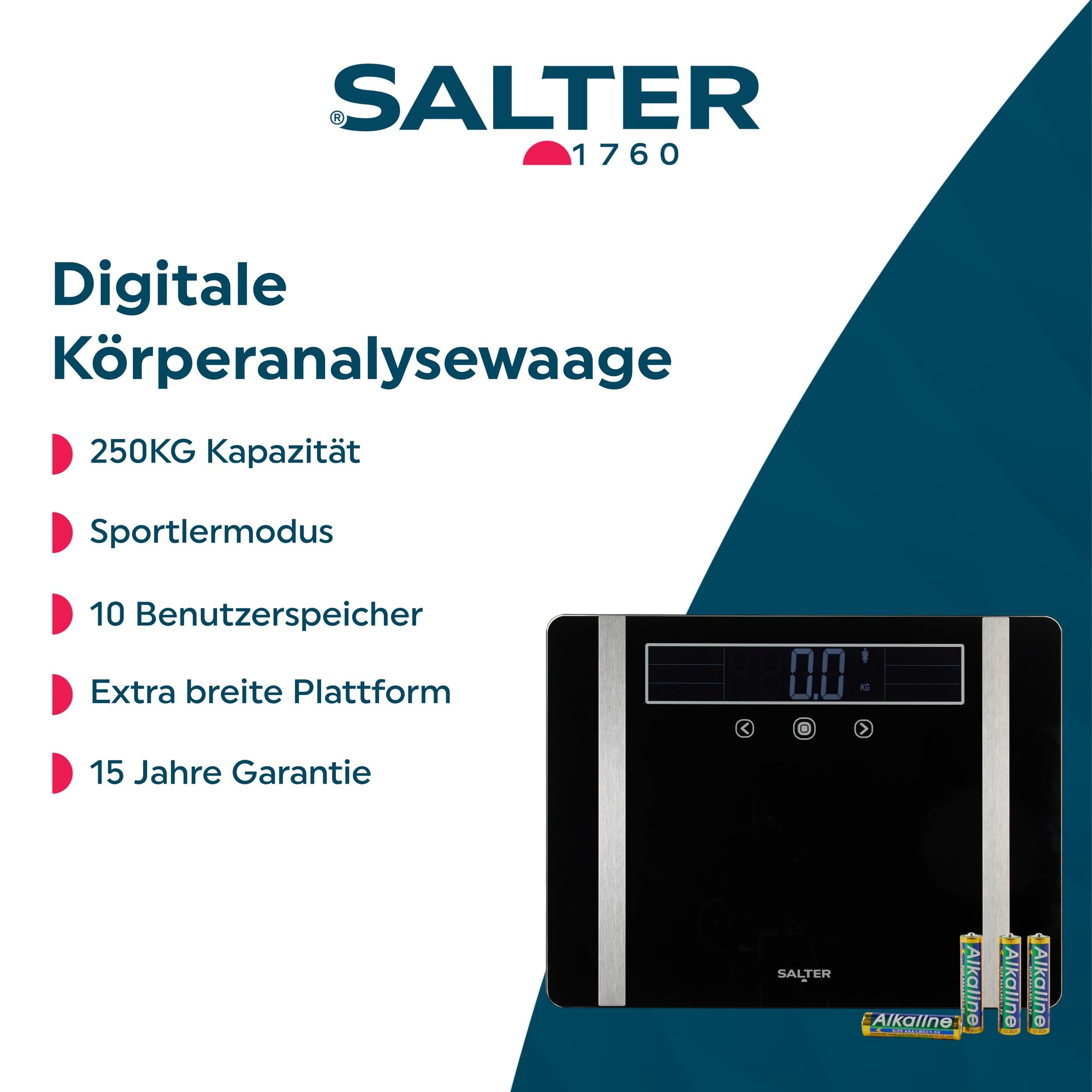 Salter extra breite Körperanalysewaage, 250 kg | Gut lesbares LCD-Display, sofortige Step-on-Messung, Athletenmodus, Speicher für 10 Nutzer, Teppichfüße inklusive