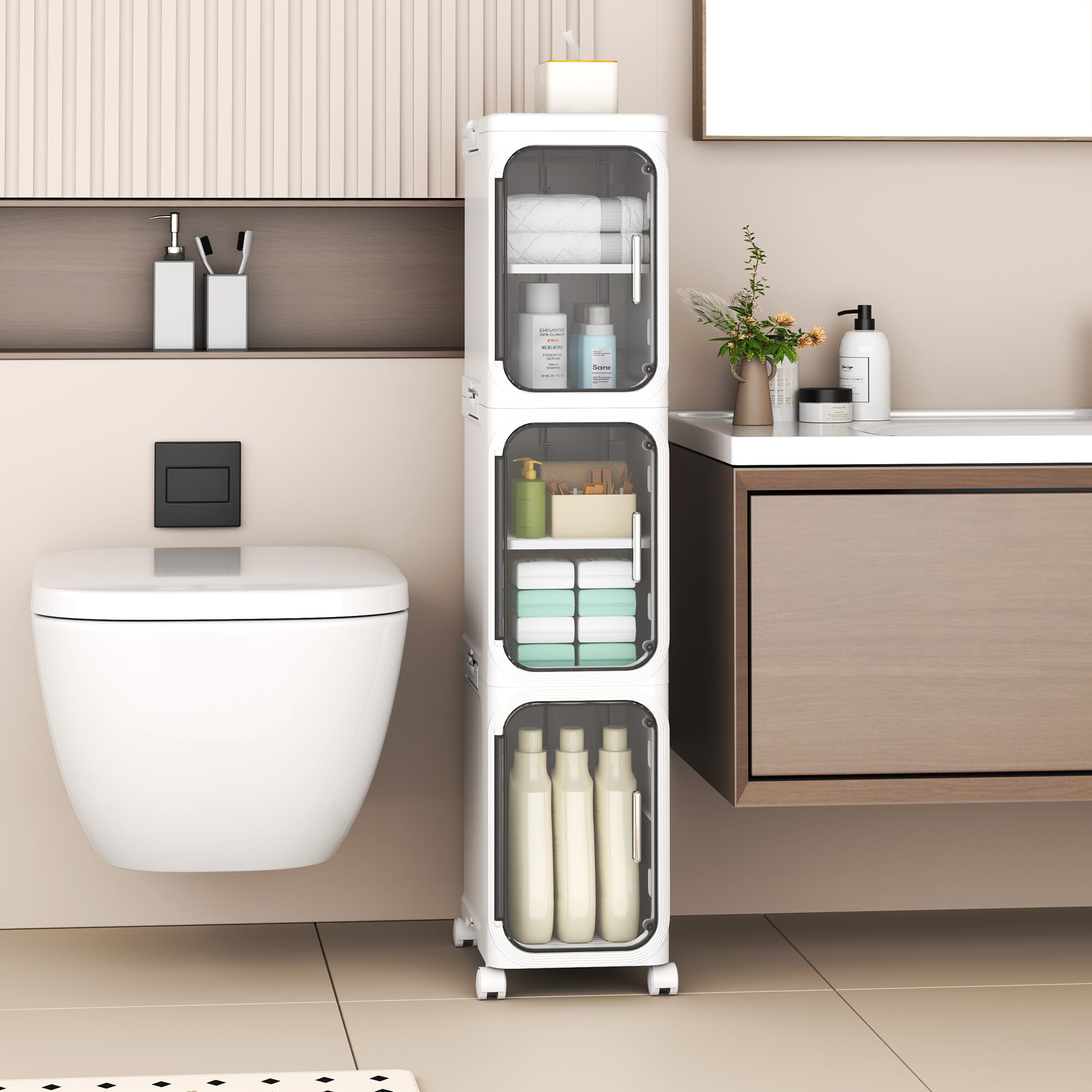 YVVVVY 20cm Bathroom Storage Cabinet, Waterproof Slim Tolilet Unit with Wheels and Removable Shelves, Freestanding Narrow Storage Floor Shelf for Small Space, Kitchen (21W*97H*34D)