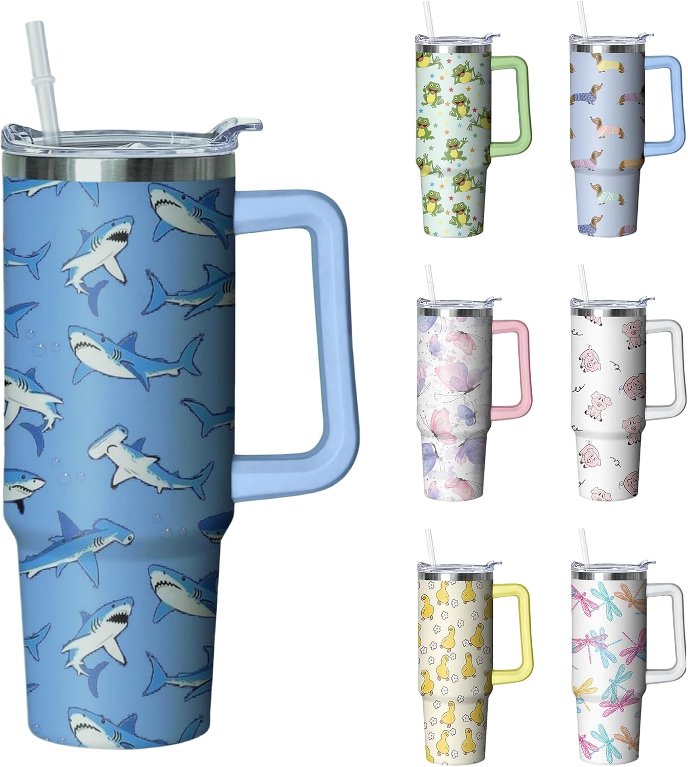 30 oz Shark Tumbler with Handle and Straw, Insulated Stainless Steel Cup with Lid, Travel Coffee Mug Water Bottle, Gifts for Woman Animal Lovers