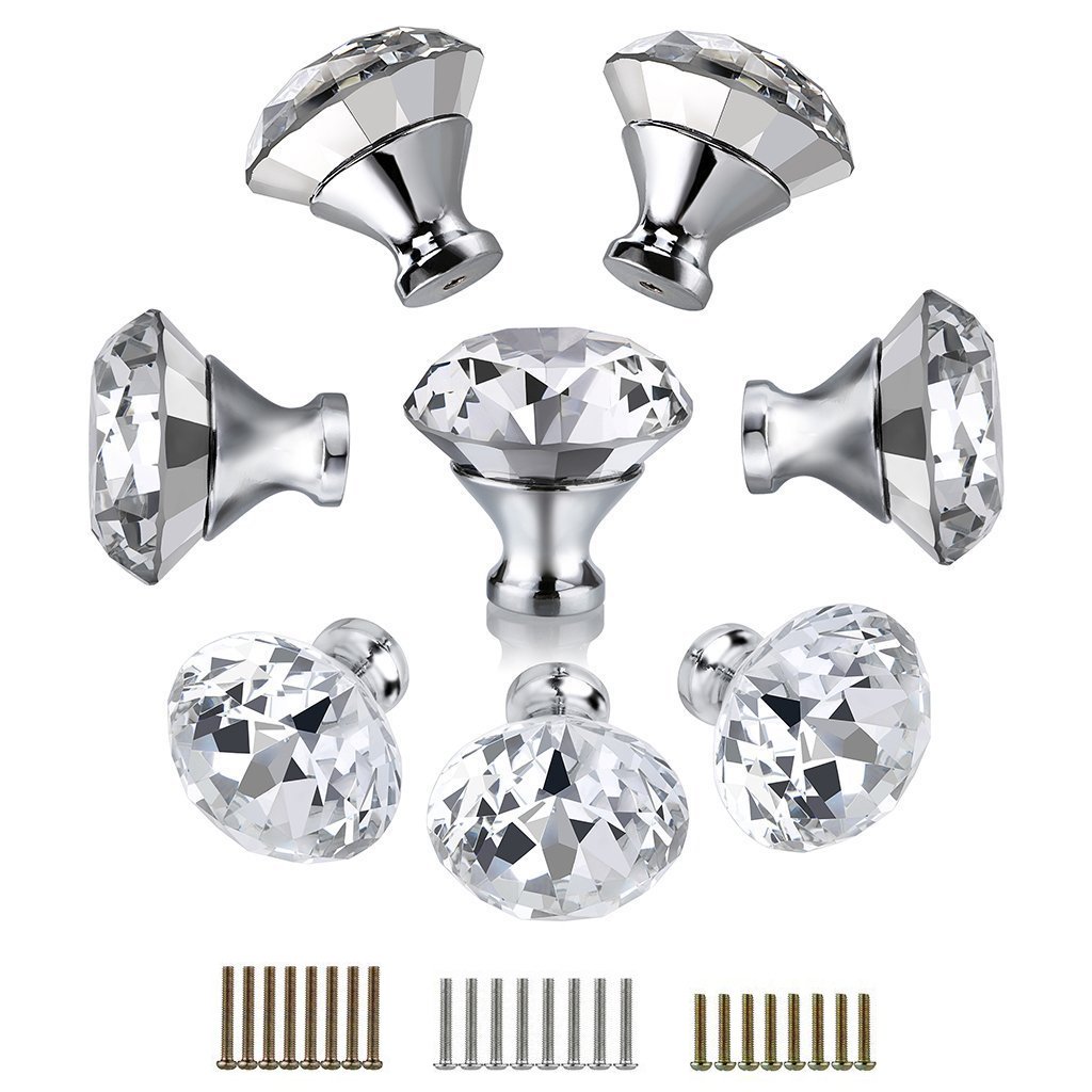 Fbshop(Tm) 8 Pcs 40Mm 8Pcs Clear Glass Crystal Cabinet Knobs-Diamond Shape Wardrobe Door Knobs/Cupboard Drawer Pull Handle/Glass Dresser Knobs,Come With 3 Kinds Of Screws