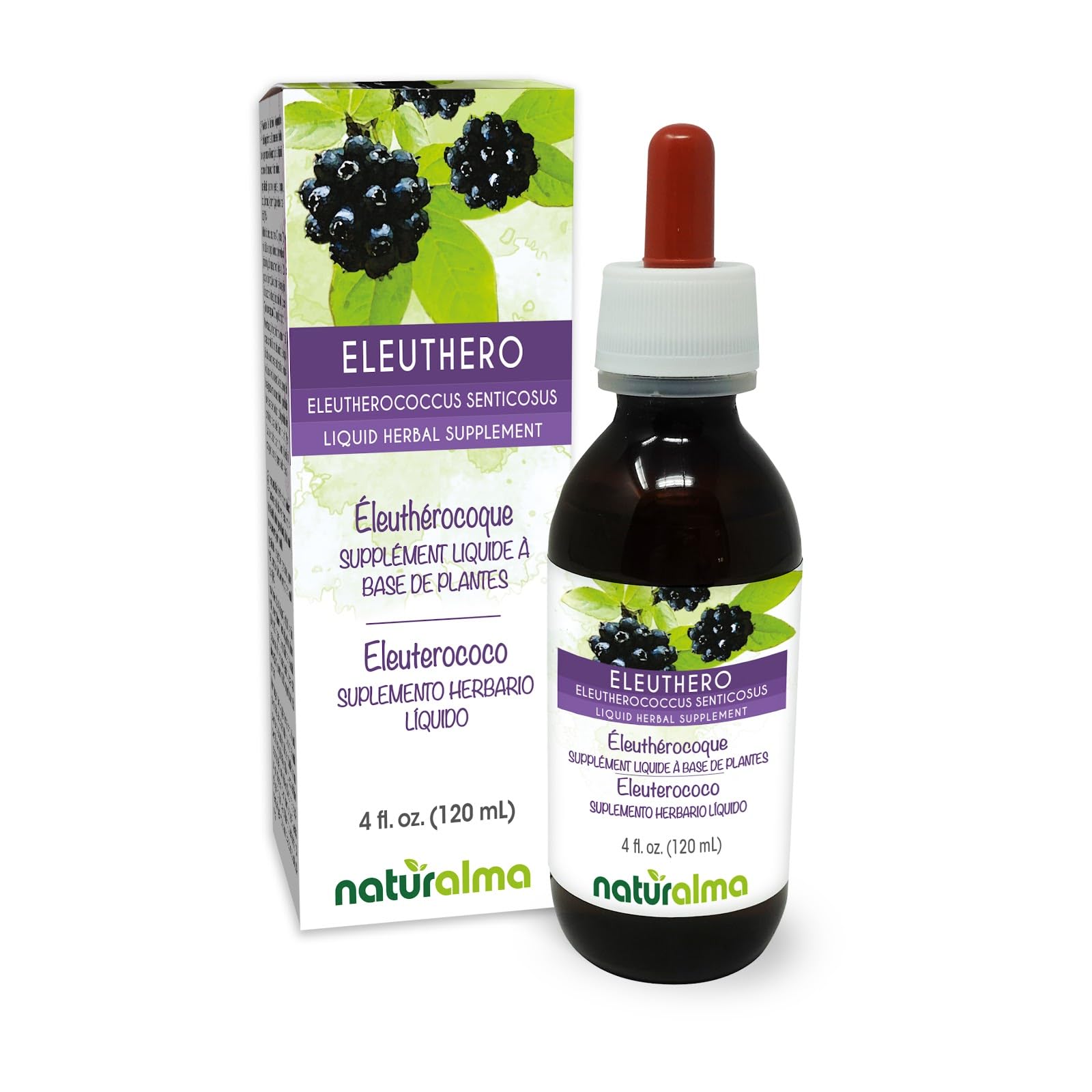 Naturalma Eleuthero or Siberian Ginseng (Eleutherococcus senticosus) Root Alcohol-Free Tincture - 4 fl oz Liquid Extract in Drops - Herbal Supplement - Vegan 4 Fl Oz (Pack of 1)