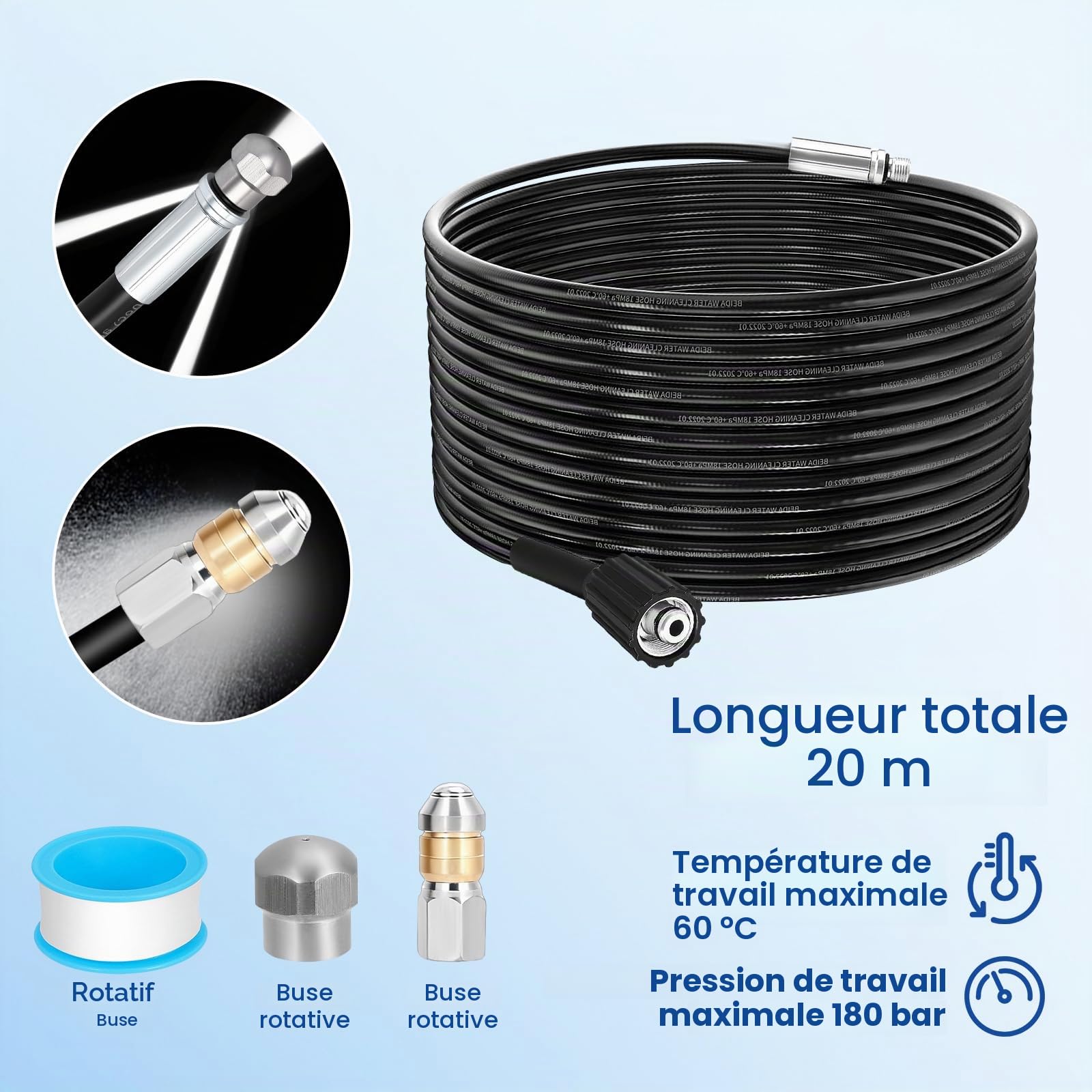 Furet Deboucheur Canalisation Haute Pression,Compatible Avec Kärcher K2-K7 | 20M,Tuyau Flexible 180 Bar 60°C,Avec Adaptateur,Buse Fixe/Rotative,Rallonge De Tuyau
