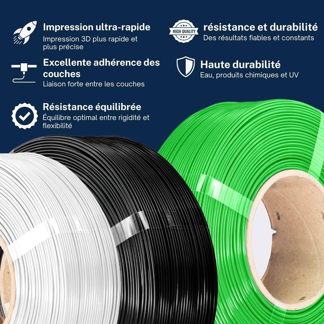 Filament de recharge AzureFilm PETG Hyper Speed de 10 kg, 1,75 mm - Sans bobine - 1 kg/charge - Pour impression 3D haute vitesse - Résistant, durable, anti-humidité (MIX)