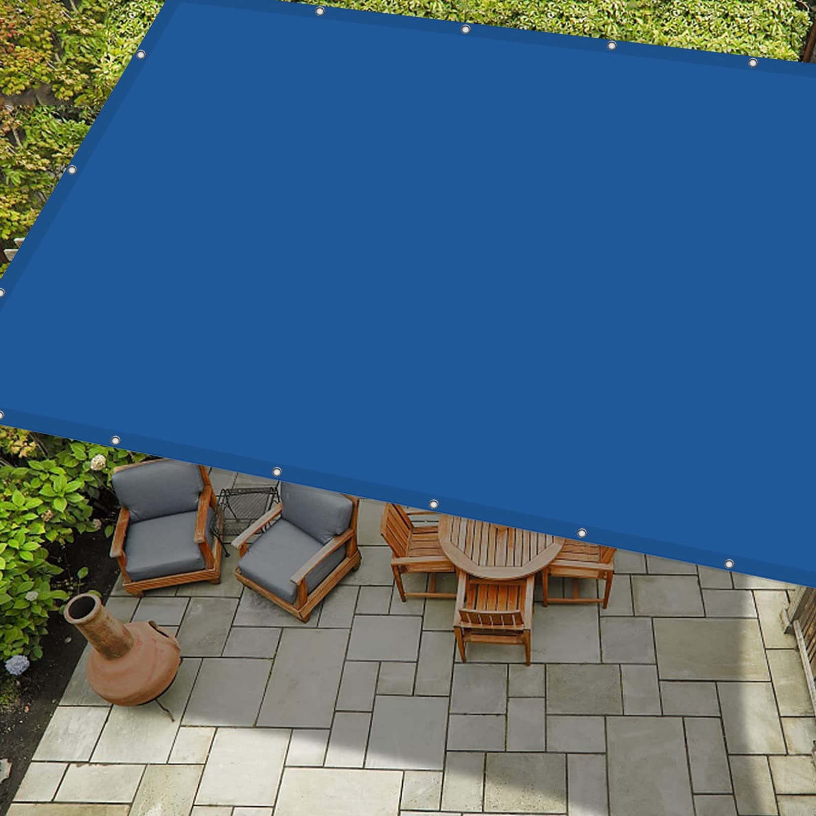 Voile d'ombrage bleu 5x10m imperméable rectangulaire anti-UV avec oeillets pour terrasse et extérieur