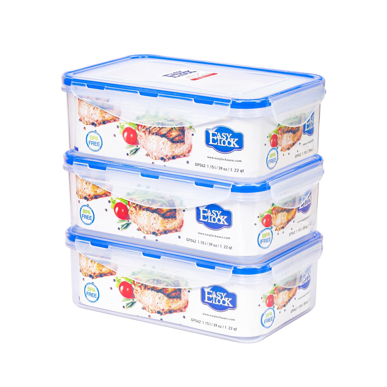 3 Pack Airtight Food Storage Container with Lids, Plastic Meal Prep Containers Reusable, 1.15L, Leak-proof Microwave Freezer Dishwasher Safe (Blue)