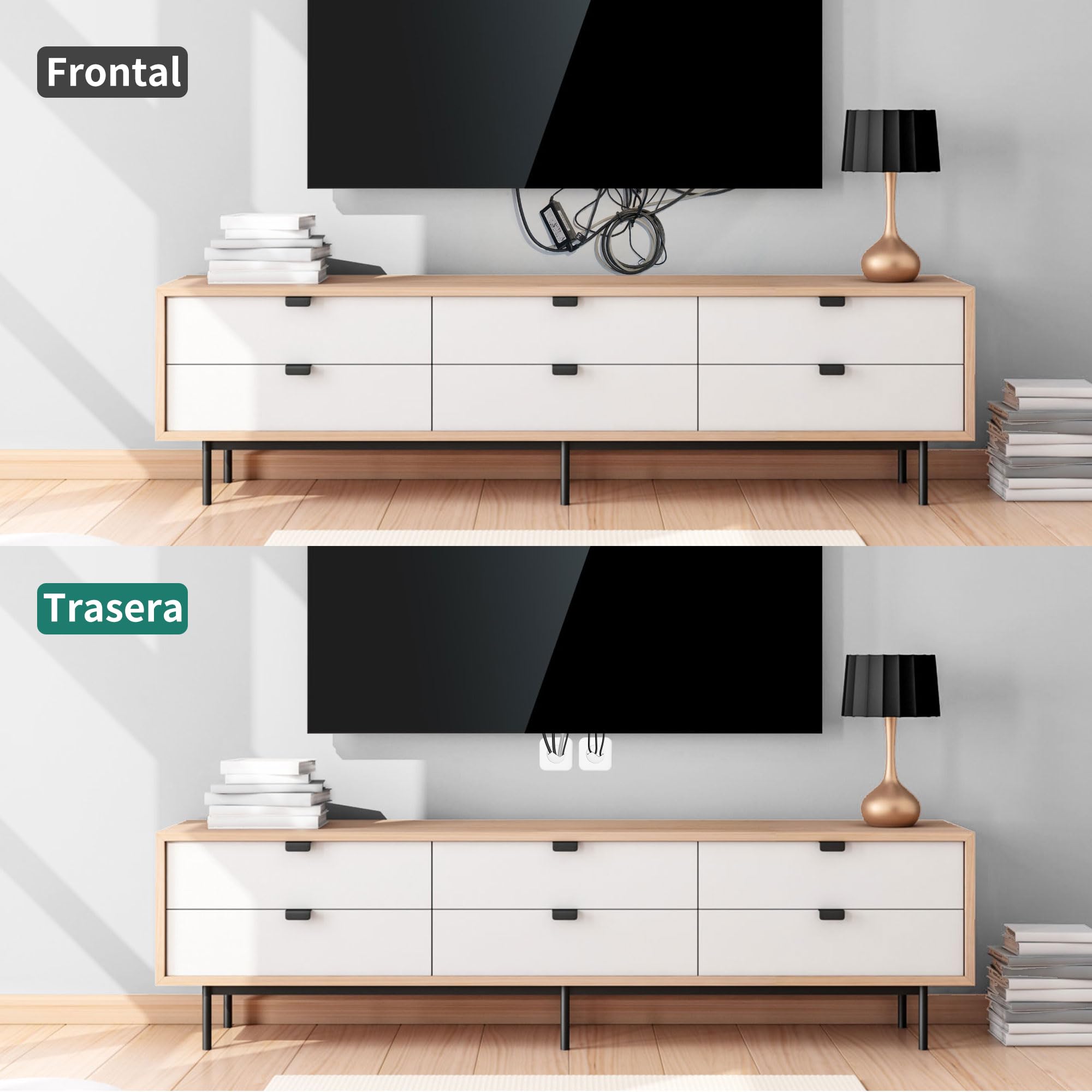 HomeMount Pasacables TV Pared Empotrado Ø76 mm con Sierra de Corona, Juego de 2 Ocultacables TV para HDMI y Alimentación, Ocultar Cables TV y Lograr Pared Limpia y Ordenada (Blanco)