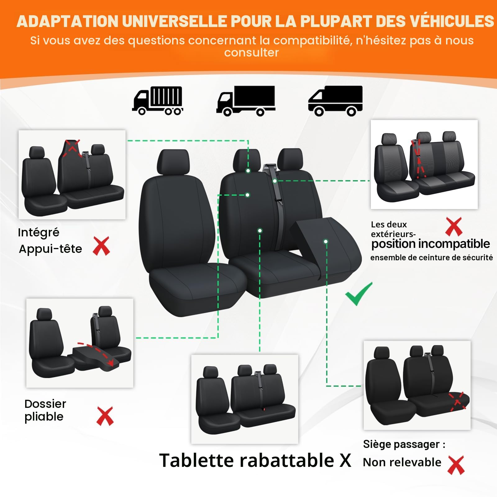 TOYOUN - Housse Siege Voiture Van Universel 2+1 Adapté Camions, Camionnettes et Bus,Avant pour Simples et Doubles avec Bases Jointes Housses de Sièges Universelles en Tissu,Noir et Gris
