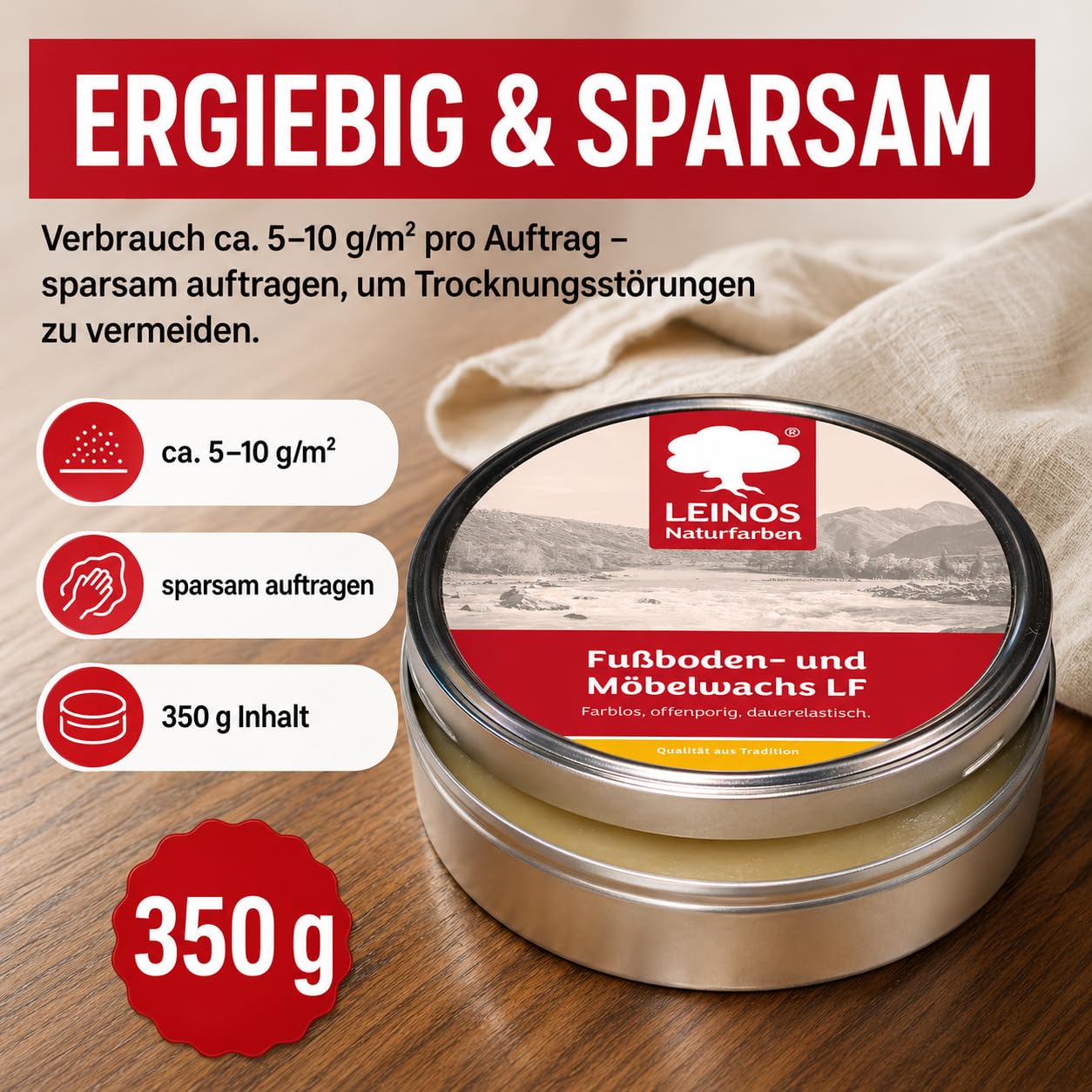 LEINOS Fußboden- & Möbelwachs LF 310 | 350 gramm Natürliches Hartwachs für Innenbereiche | Atmungsaktiver Schutz für Holz, Kork, Tonfliesen | Reines Naturwachs mit Bienen- & Carnaubawachs