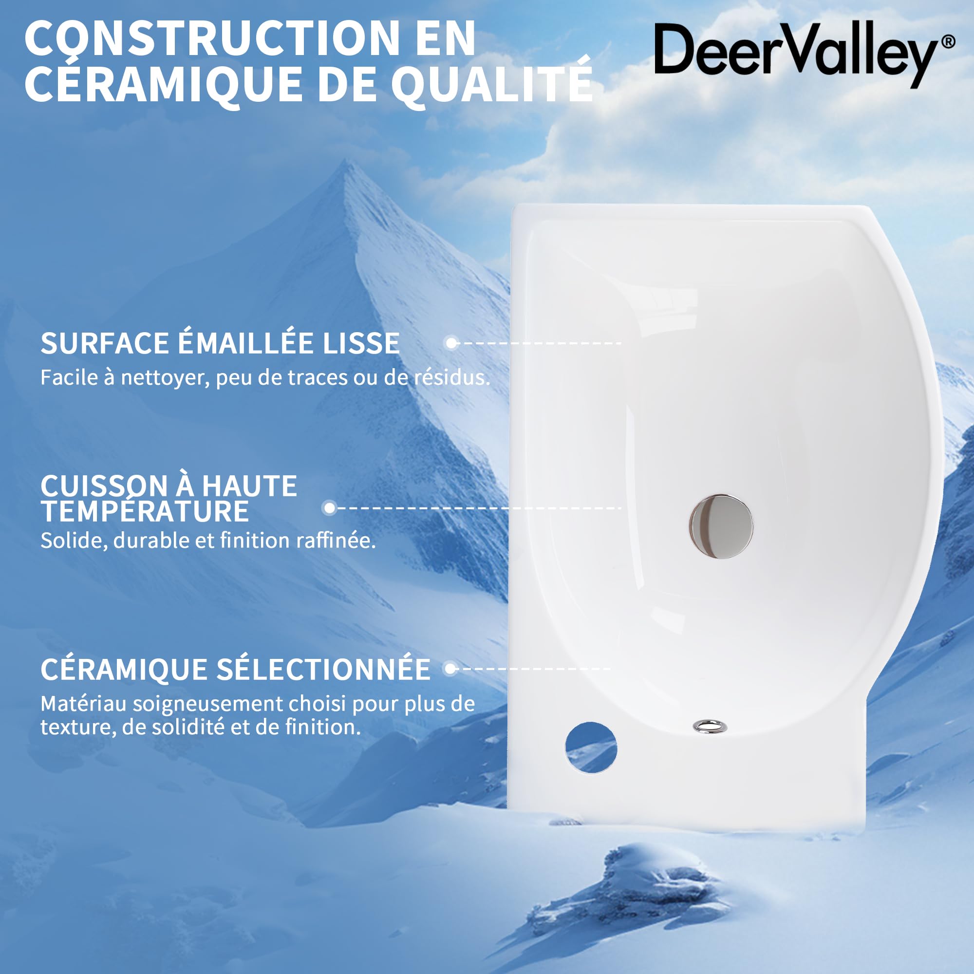 Lavabo mural DeerValley 305×240 mm, vasque rectangulaire en céramique blanche, cuve à gauche avec trou de robinet à droite, idéal pour les petites salles de bain