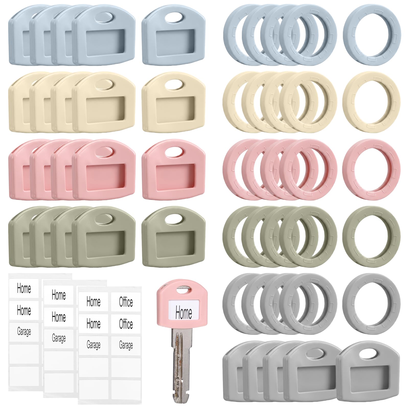 QFGasre 50pcs Colored Key Tags with Labels Key Covers Caps Set Keys Identifiers Silicone Keys Heads Protectors for Square Round Self Adhesive Stickers for Home Office Garage Blank Printed Label