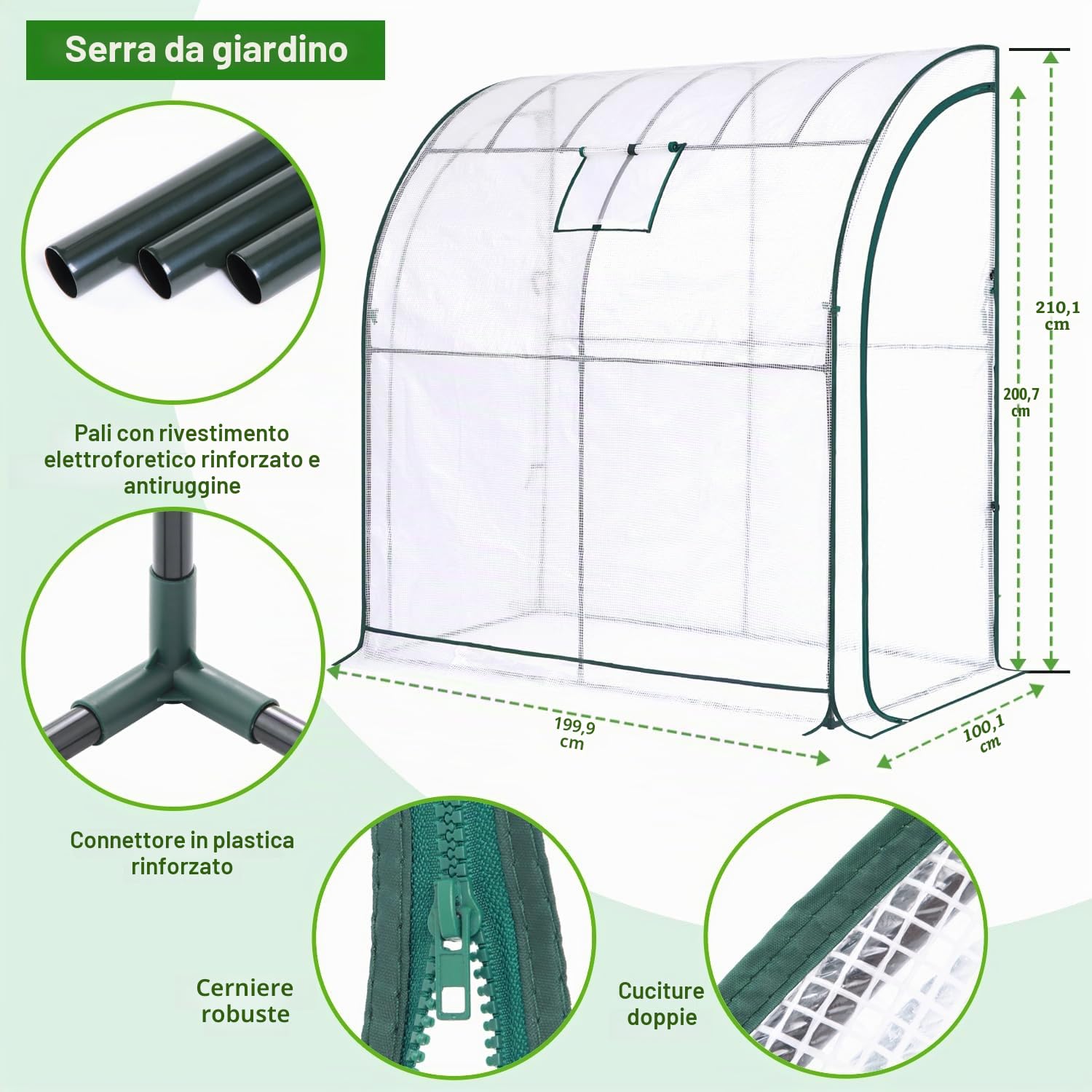 Serra a Parete da Giardino e Balconi con Portavasi e copertura in PE impermeabile per Orti Piante e fiori, Porta a Cerniera e Finestra a Rete, per Verdure, Piante, Fiori 200x100x210 cm Bianco