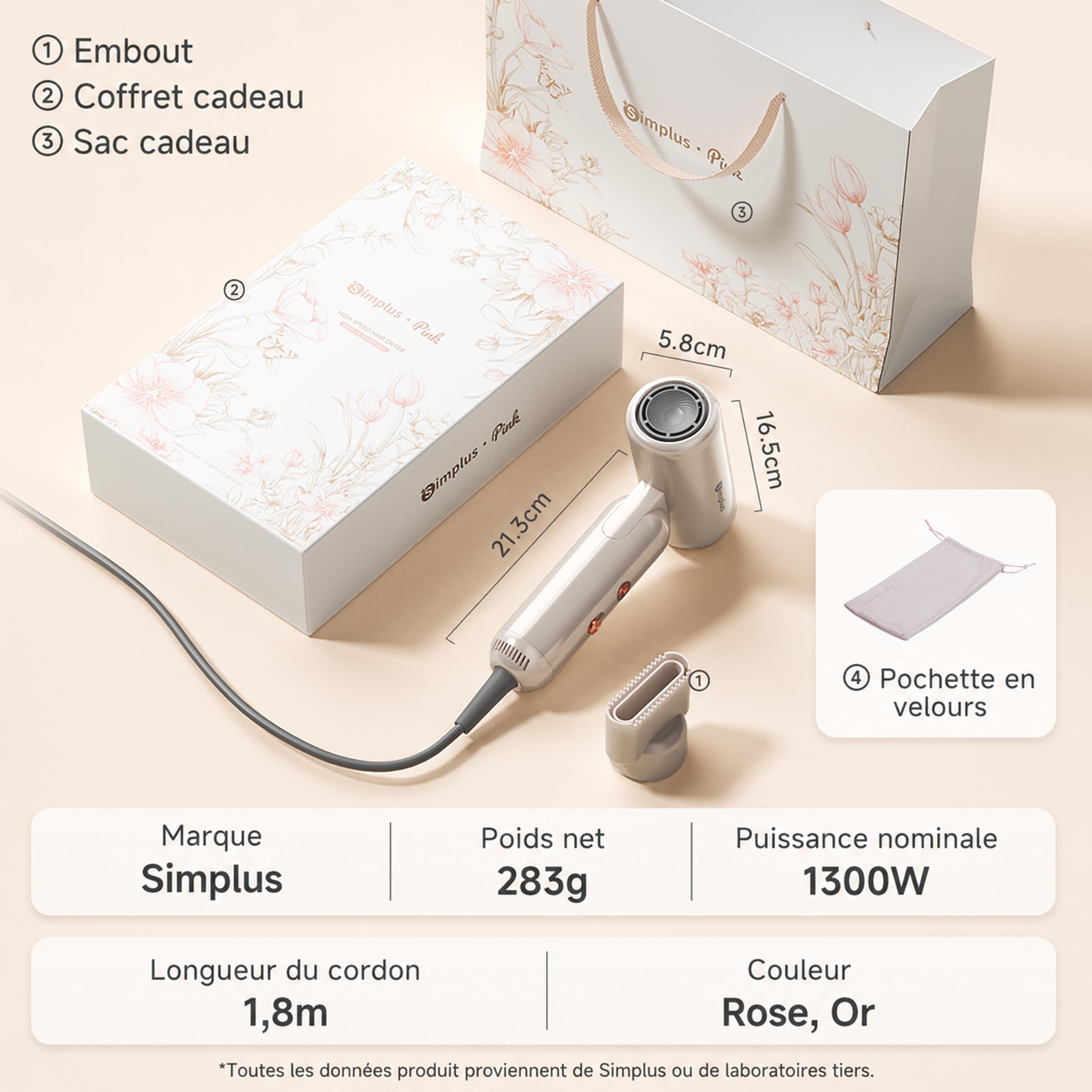 SIMPLUS Sèche-Cheveux Ionique Pliable, 1300W, Moteur BLDC 110 000 tr/min, 70 m/s, 300 Millions d'Ions Négatifs, 8 Modes, Contrôle NTC, Léger 283 g, Buse Peigne, Voyage