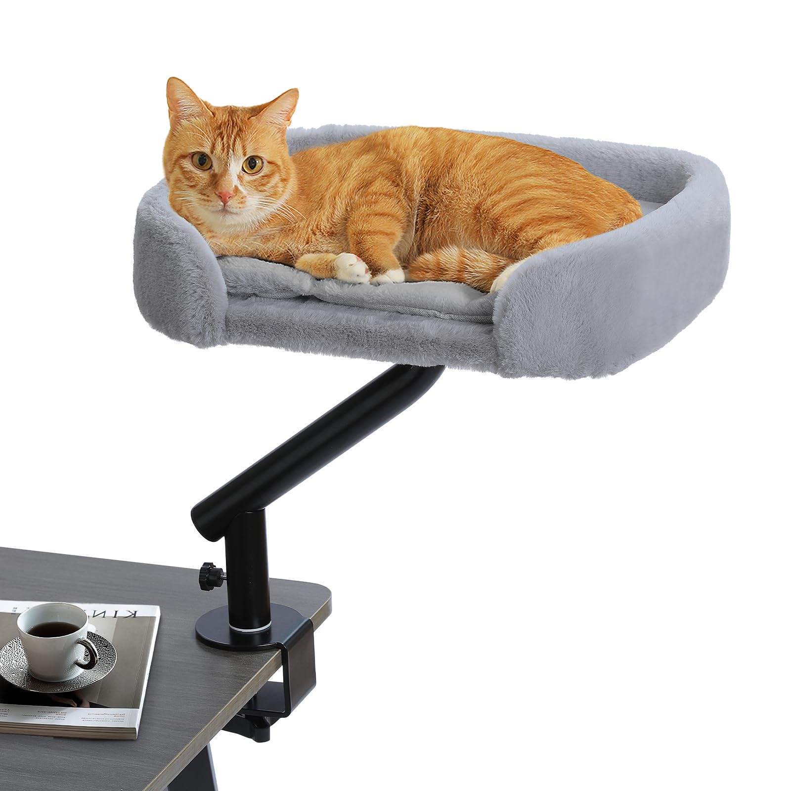PAWZ Road Cama para Gatos de Escritorio con Pelota de Peluche interactiva, Cesta para Gatos, Soporte Giratorio 360°, Hamaca para con rascador, Cama para, soporta hasta 22,5 kg, Gris | Con pelota de peluche interactiva, cesta para gatos, hamaca para gatos,