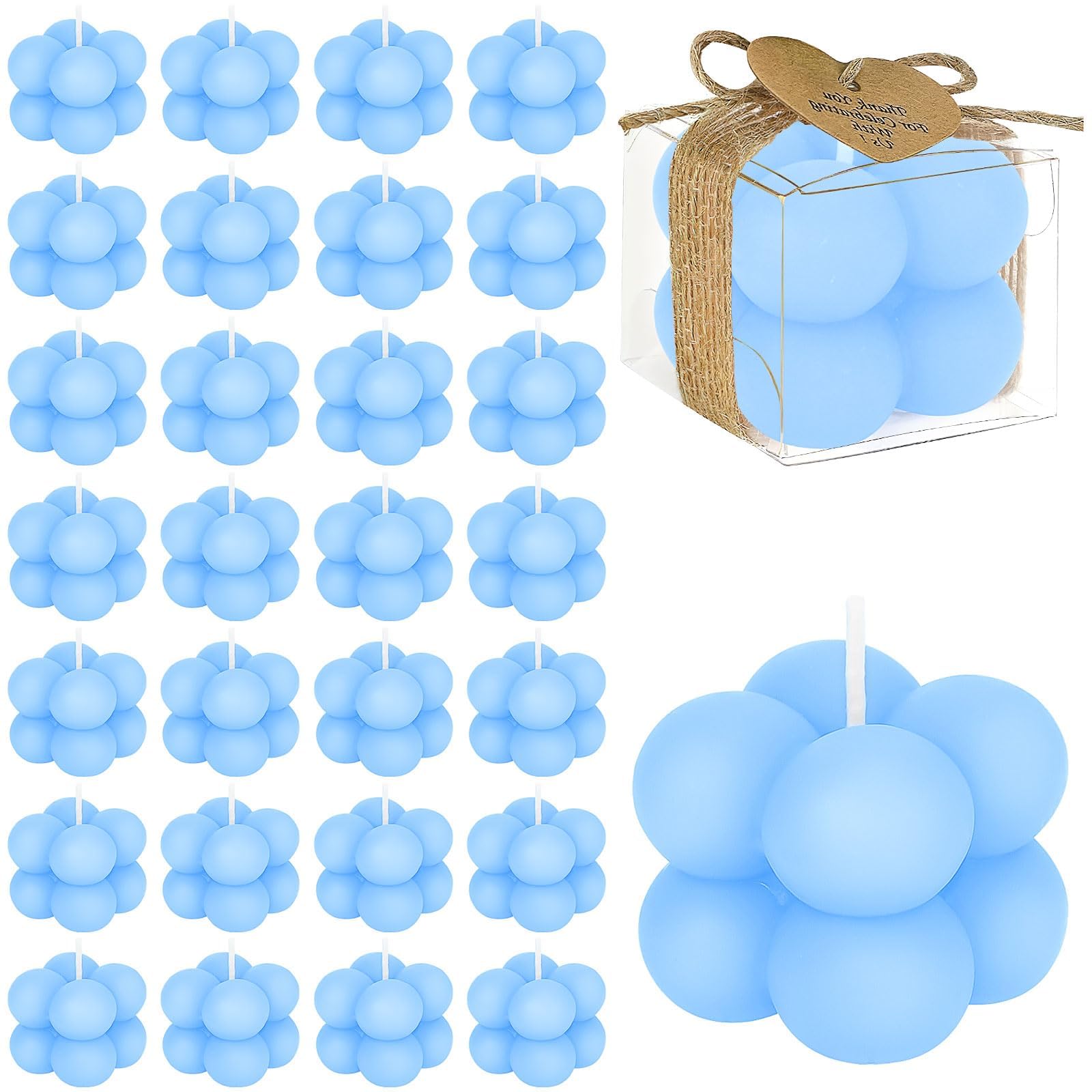 Lot de 30 Bougies Bulles Bleues avec Boîtes Cadeaux, Cartes de Remerciement et Ficelle de Jute - Mini Bougies Décoratives Cube pour Cadeau d'Invités Mariage, Baptême, Baby Shower Garçon - 4x3,5 cm