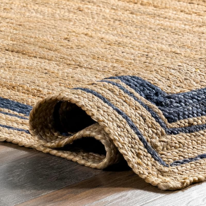Tapis ovale tissé à la main en jute naturelle de 61 x 91 cm avec bordure bleu marine – Tapis moderne durable pour salon, chambre et entrée
