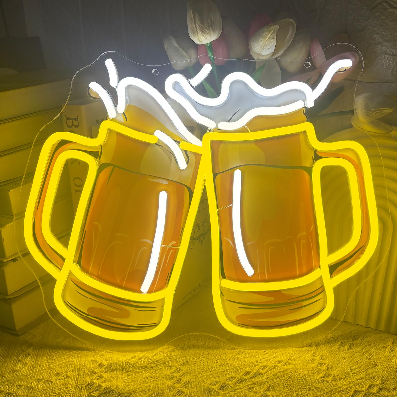 Beer Neon Light Sign, Beer Cheers LED Neon Sign for Wall Decor, USB Dimmable Beer Glass Neon Lights for Man Cave Beer Bar Pub Store Bedroom Restaurant Club Hotel Party Decor Gifts, 38.9 x 33cm