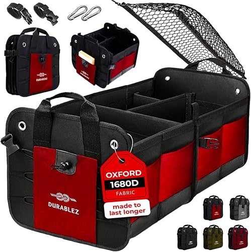 Miniatura 33 de Organizador de maletero XL de 3 secciones modular – Almacenamiento de coche extra grande para comestibles y equipo de viaje, contenedor de carga Rojo
