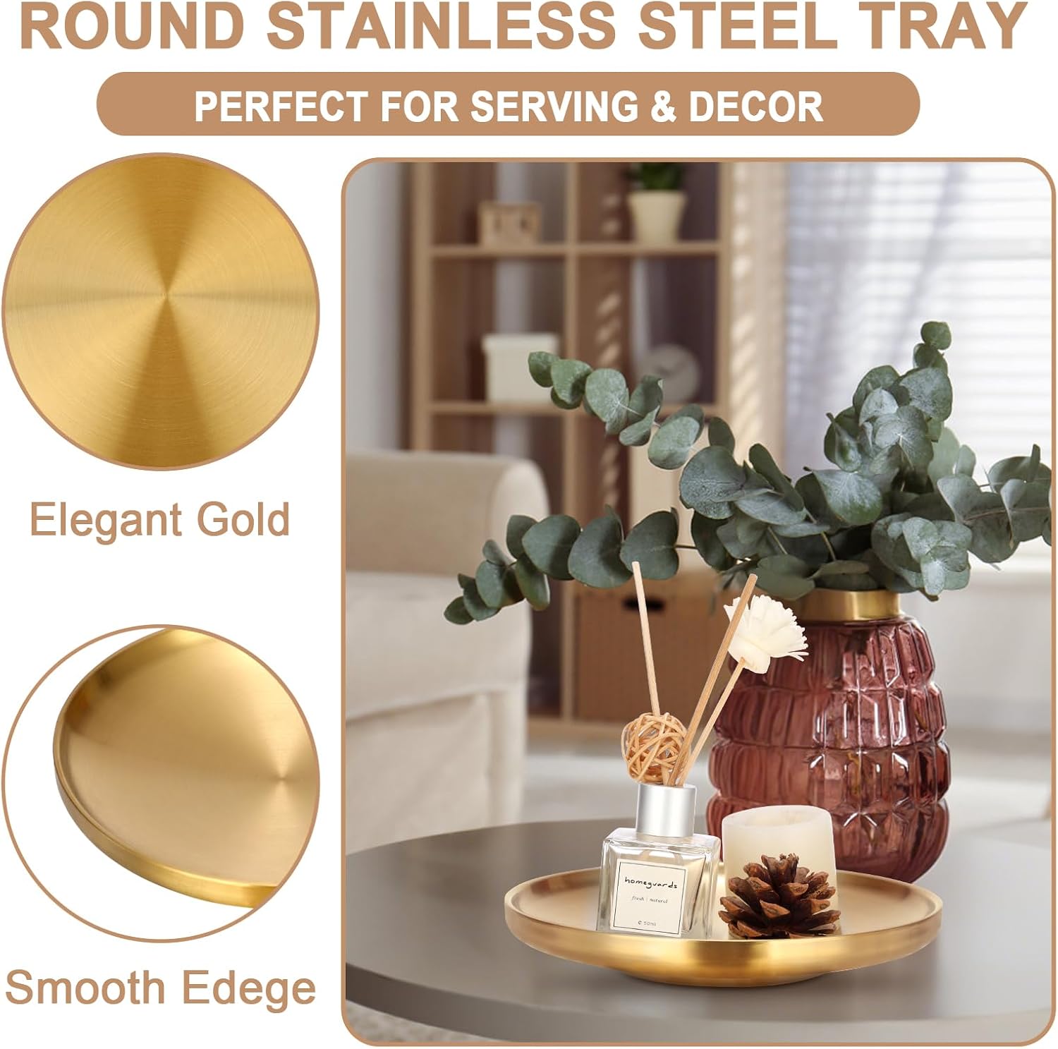 Gold Round Tray 7.5" Decorative Key Dish for Entryway Table