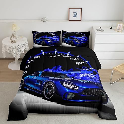 Feelyou Juego de edredón de coche de carreras para niñas y niños, edredón de coche deportivo de velocidad fresca, juego de ropa de cama de coches de