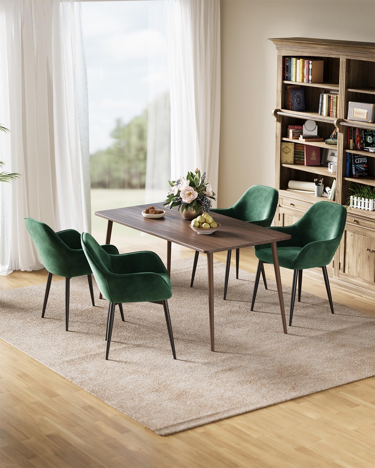 ELUCHANG Silla de Comedor Tapizada Terciopelo con Reposabrazos Pack 4, Ergonómica para Cocina, Dormitorio, Sala, Carga 150kg, Patas de Metal Estable, Verde