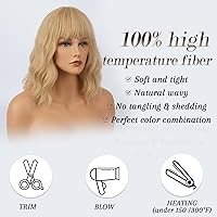 Vista 2 de BARSDAR Peluca rubia corta ondulada con flequillo, pelucas cortas onduladas de 14 pulgadas para mujer, pelucas sintéticas suaves hasta el hombro