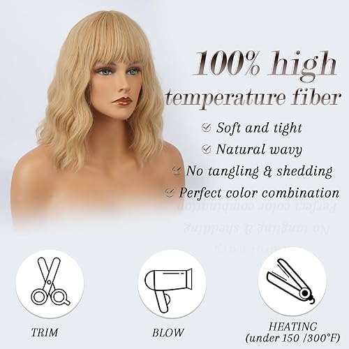 Miniatura 2 de BARSDAR Peluca rubia corta ondulada con flequillo, pelucas cortas onduladas de 14 pulgadas para mujer, pelucas sintéticas suaves hasta el hombro,