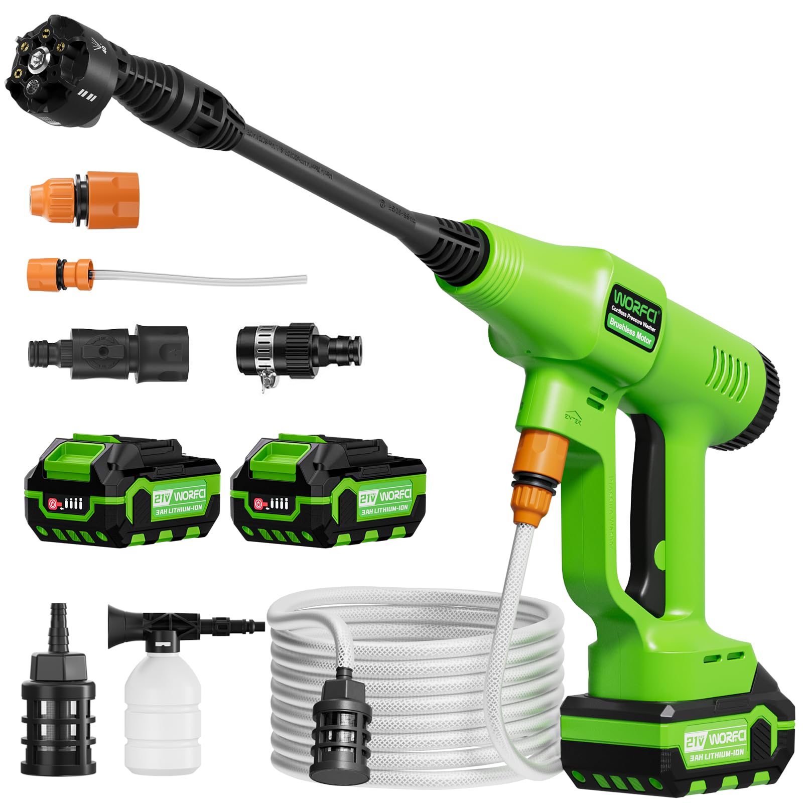 Nettoyeur Haute Pression sans Fil avec 2 Batteries, Nettoyeur Portable avec Buse Réglable 6 en 1, Tuyau Tressé de 6,5 m avec Raccord Robinet pour Voiture, Jardin, Terrasse