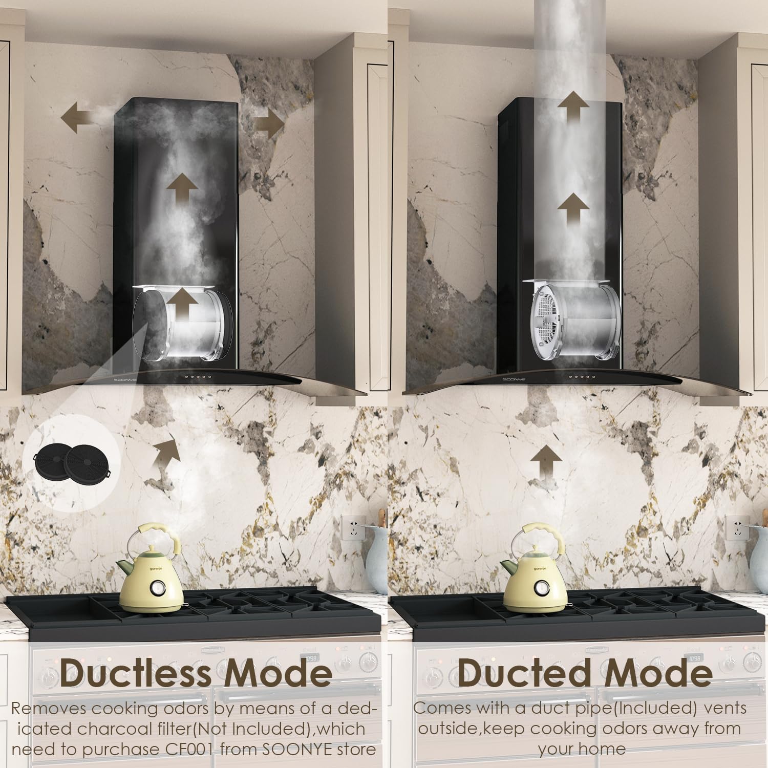 30 Inch Black Range Hood Wall Mounted Curved Glass Range Hoods with 450 CFM, Stainless Steel kitchen Ductless/Ducted Convertible with 3 Speed Controls, Permanent Baffle Filters and 2 LED Lights