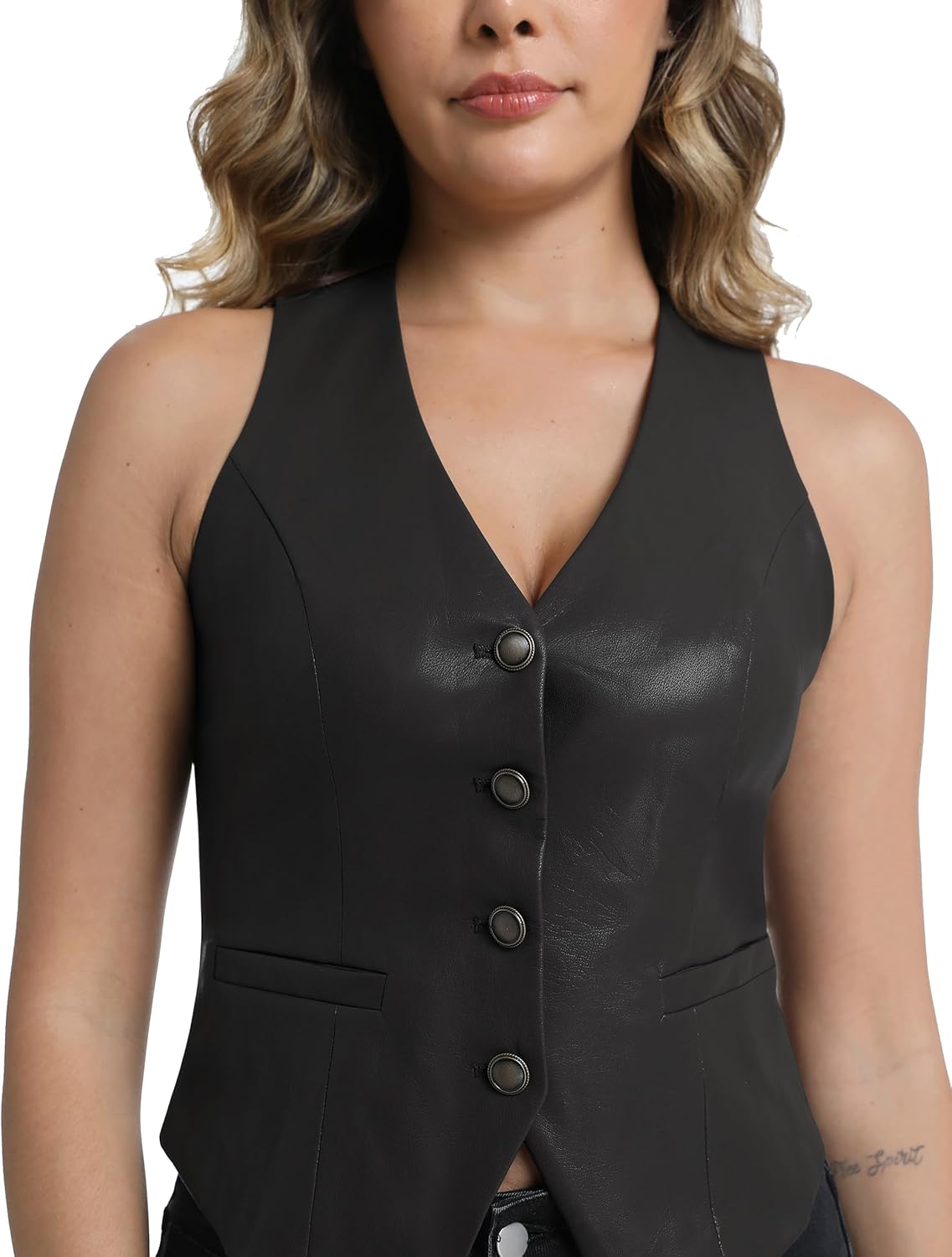 V VOCNI Women's PU Leather Vest V Neck Sleeveless Faux Leather Tops Dress Casual Waistcoat Western Jacket - Image 4