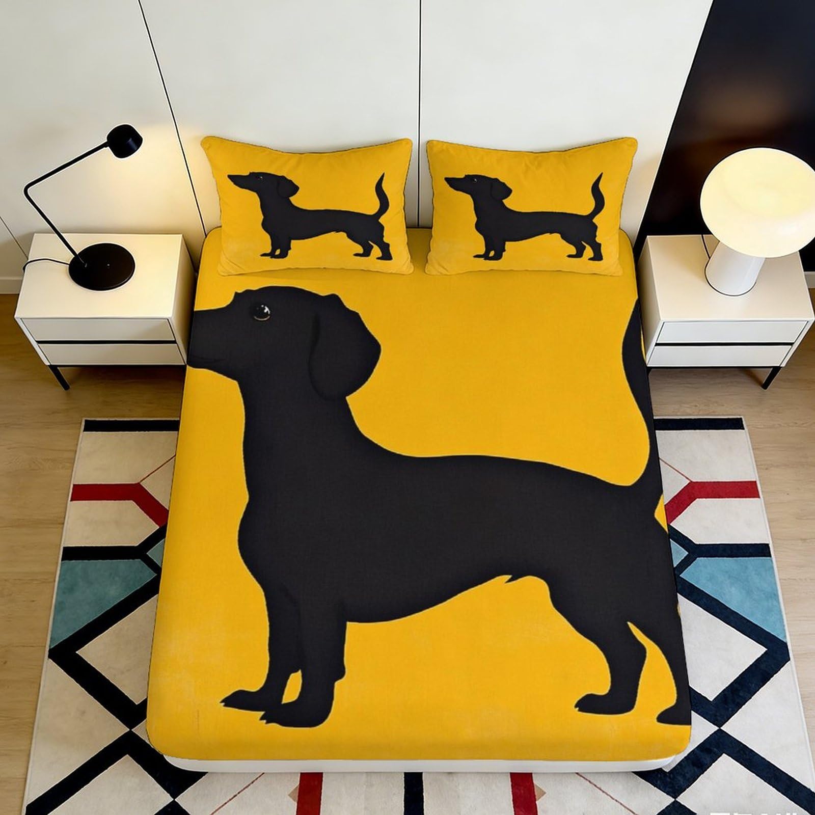 3D Printed Dachshund Dog Fitted Sheet Microfiber Yellow Black Mattress Cover for Bedroom Dorm Easy Care Decor 90x200x25cm