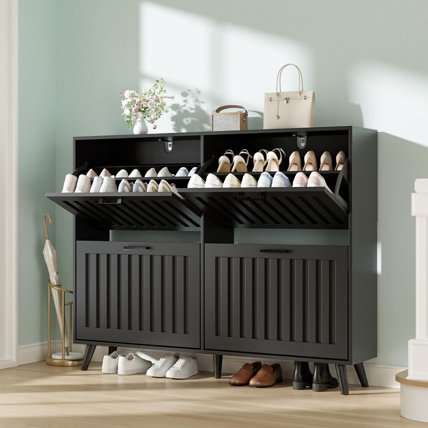 Shoe Storage Cabinet with 4 Flip Drawers, Modern Freestanding Organizer with Adjustable Shelf, Narrow Shoe Rack Cabinet for Entryway, Black