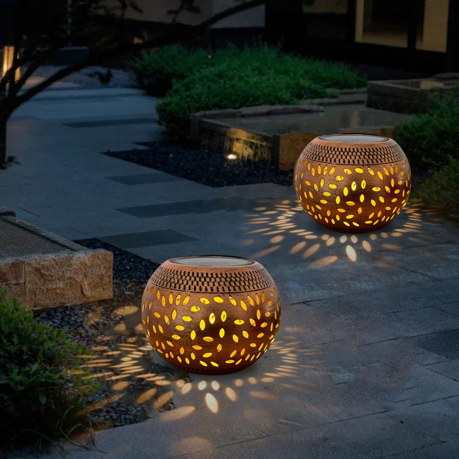 Solar Table Lanterns Outdoor Waterproof - 2 Pack LED Lamp Copper Metal Tabletop Light Solar Powered Decorative Lantern for Indoor Desk Bedroom Patio Garden Pathway Yard