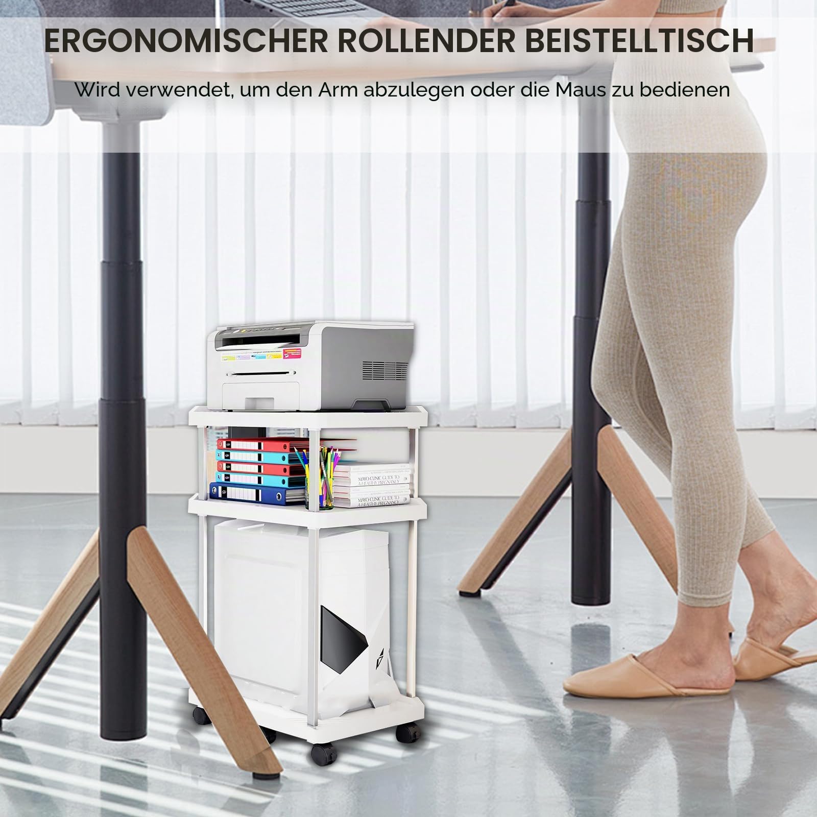 Computer Tower Ständer mit Rollen, PC-Tower-Ständer 3 Schicht, Mobiler PC-Gehäuseständer, ATX-Gehäuse CPU Halter, Weiß