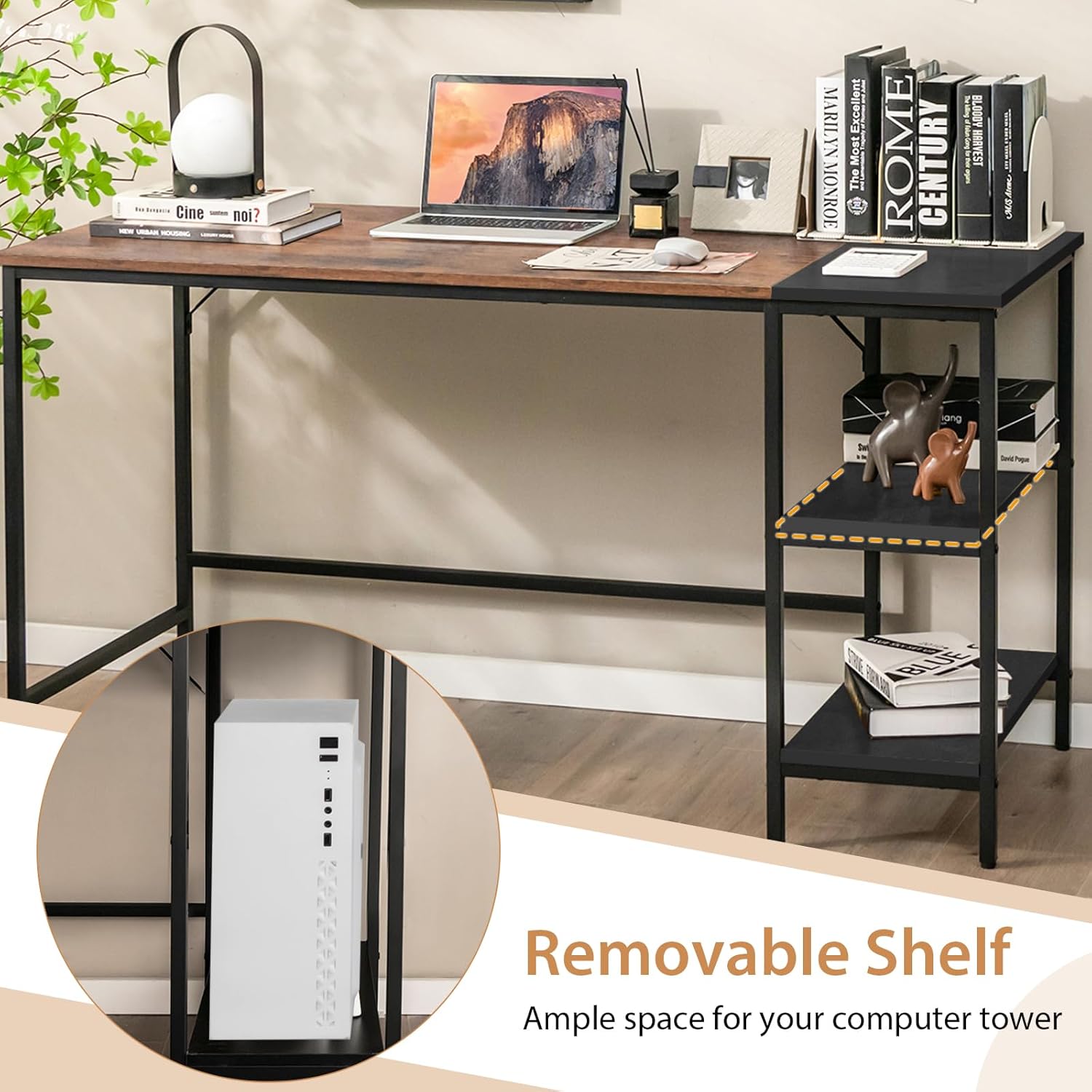 Computer Desk, 55’’ Gaming Desk w/Storage Shelves, Steel Frame & Adjustable Feet, Wood Office Table, Large Writing Desk for Bedroom, Study, Home Office (Rustic Brown, 55''W)