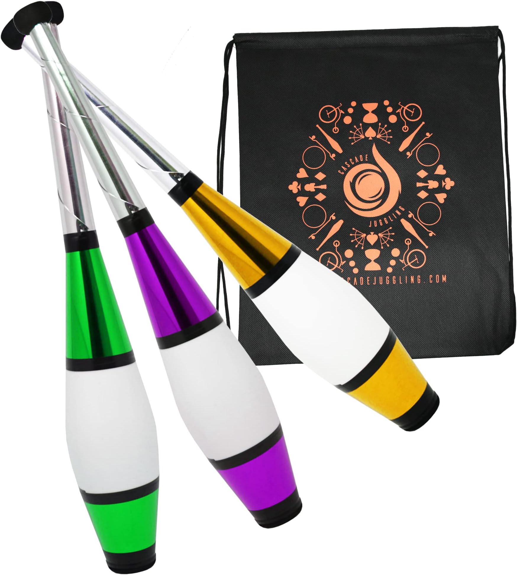 Juggle Dream 3 x Euro Clubs - Green, Purple, Gold - Great Beginner to Intermediate Juggling Clubs with Cascade Juggling Bag