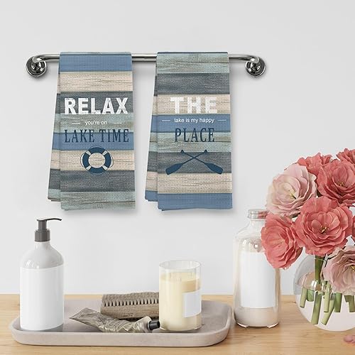 Miniatura 4 de Juego de 2 toallas de mano divertidas rústicas de lago barco, decoración de campista, regalos para el hogar, casa de lago de verano, decoración