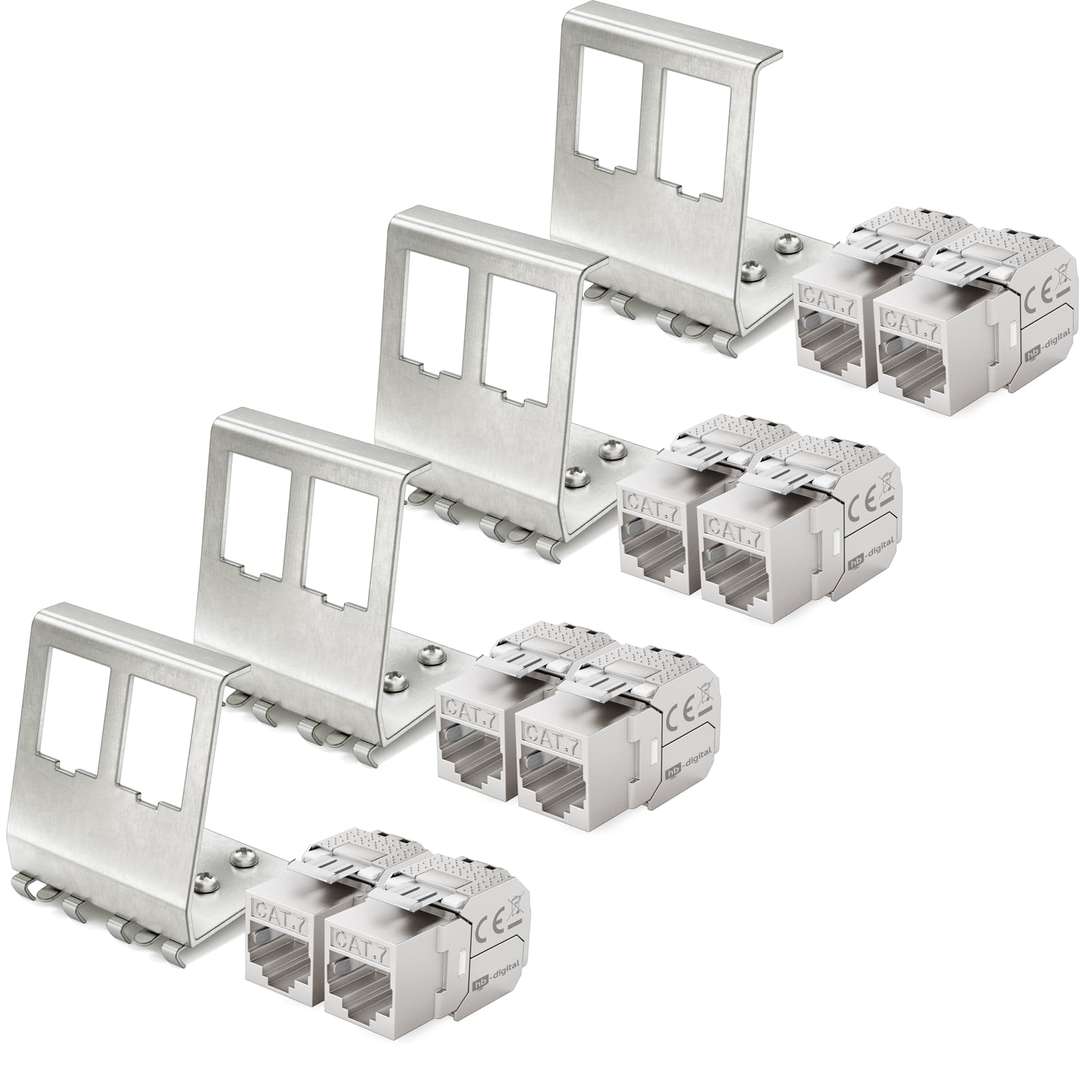 hb-digital Set: 8X CAT.7 Keystone RJ45 Modul + 4X Hutschienenadapter Metall Keystone-Halterung für Hutschiene 35mm Standard | RJ45-Jack geschirmt Edelstahl LSA Montage Ethernet LAN Netzwerk Switch