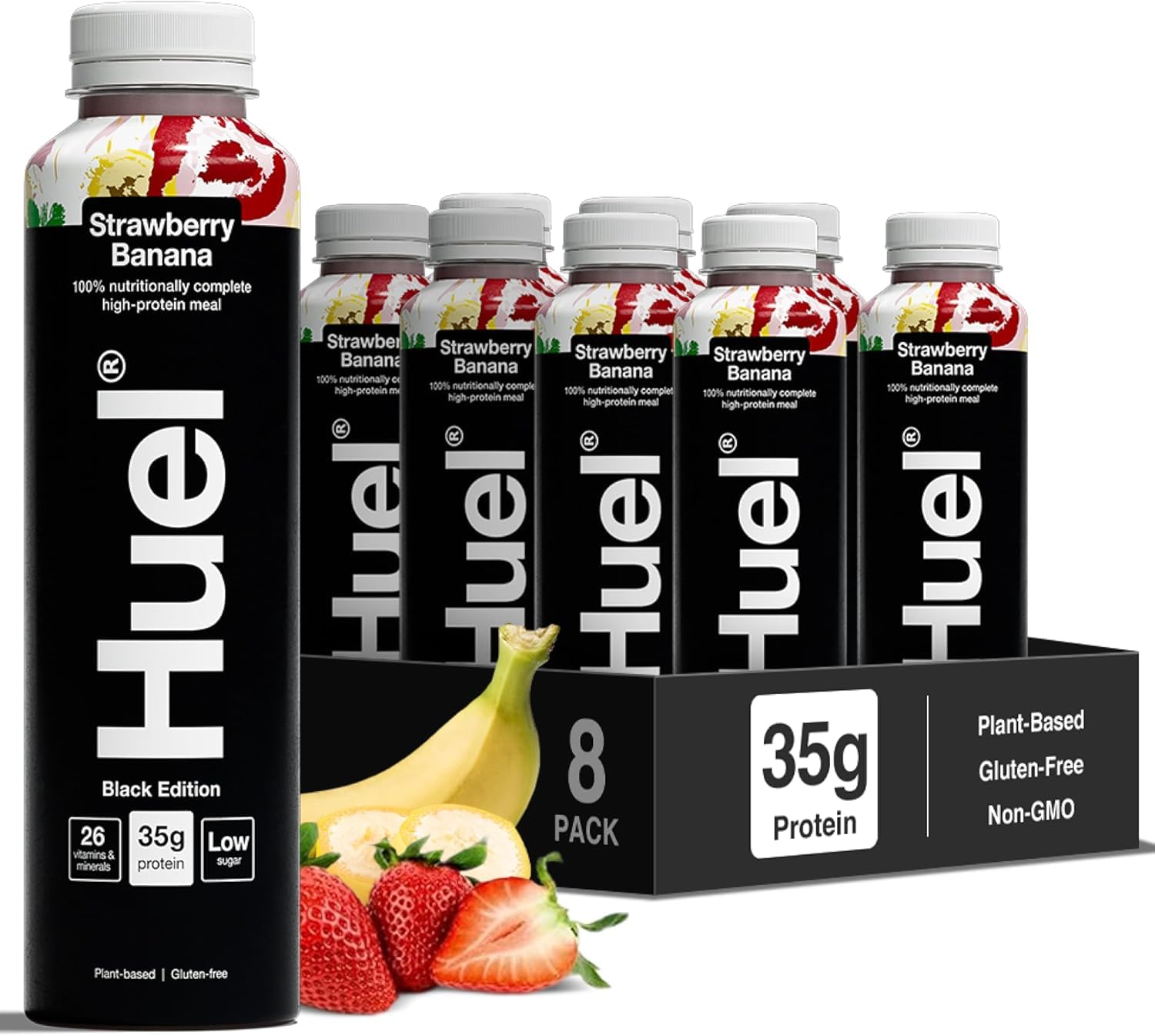 Huel Black Edition Drink Erdbeer-Bananen, proteinreiche Trinkmahlzeit für unterwegs - 8 x 500 ml - 35 g Protein, Reich an Vitamin D, gesunden Fettsäuren & Kalzium, Plant-based, 2 € Pfand
