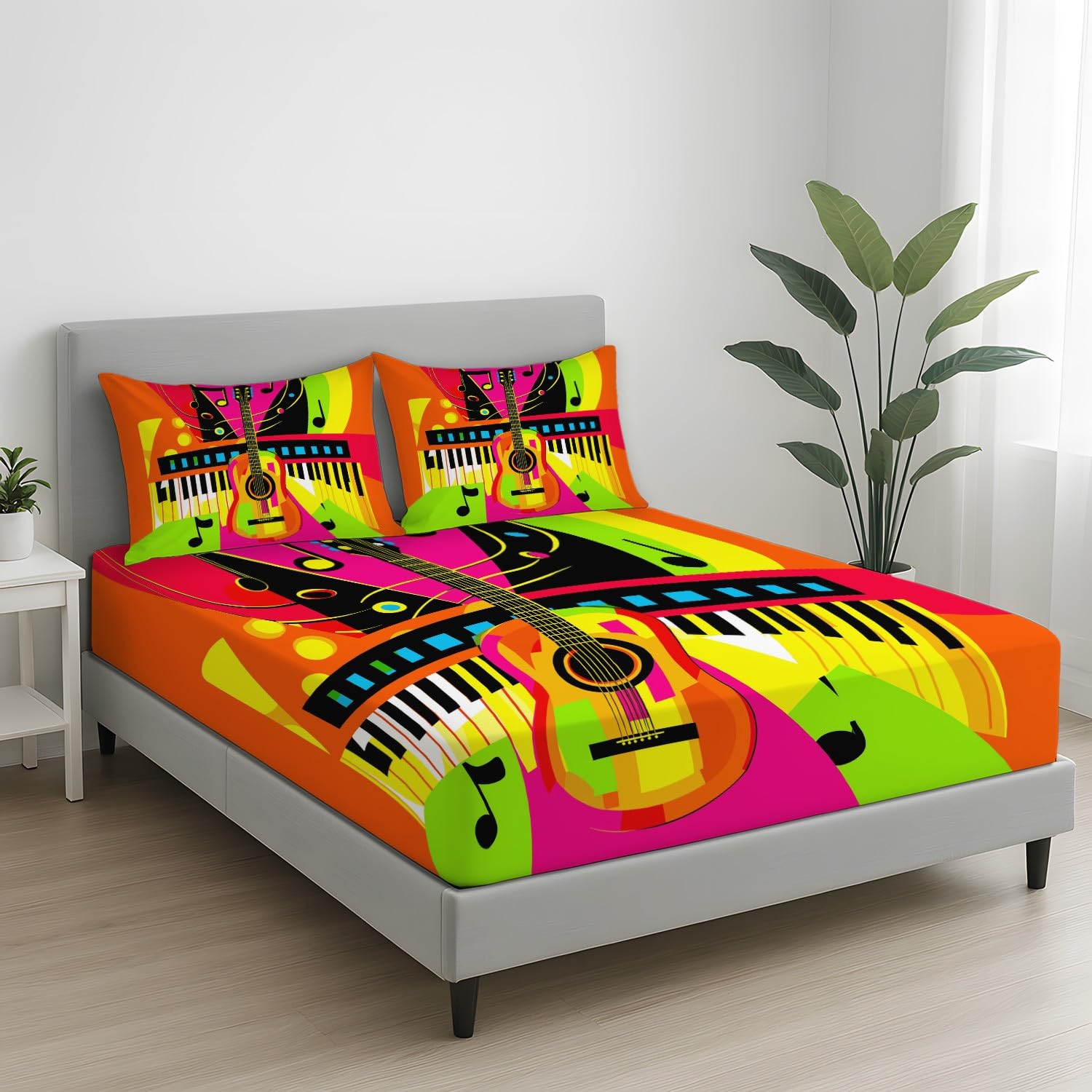 Rock Music - Sábana bajera ajustable (90 x 200 x 30 cm, 2 piezas, diseño pop art de guitarra, piano, juego de sábanas para niños, adolescentes y adultos, suave microfibra, decoración