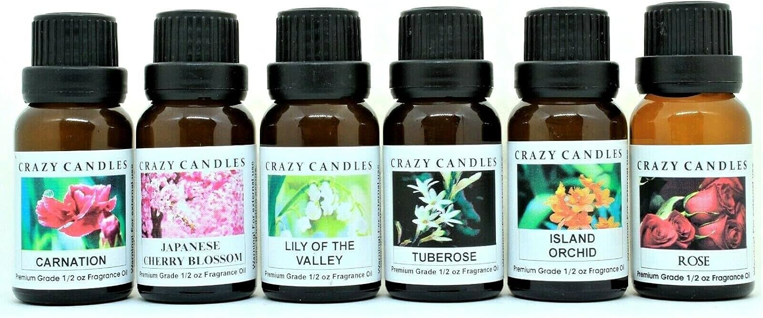 6 Bottles Set, Carnation, Japanese Cherry Blossom, Lily of The Valley, Tuberose, Island Orchid, Rose 1/2 Fl Oz Each (15ml) Premium Grade Scented Fragrance Oils by Crazy Candle