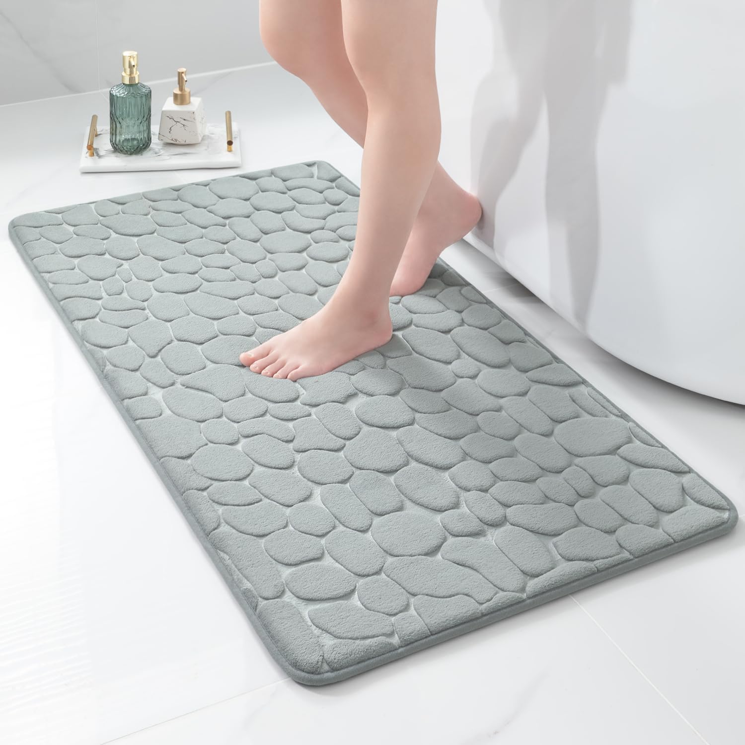ABIN Memory Foam Bath Mat Cobblestone Bathroom Rugs Super Water Absorbent Machine Washable Bath Rugs(50x80cm) (Light Gray)