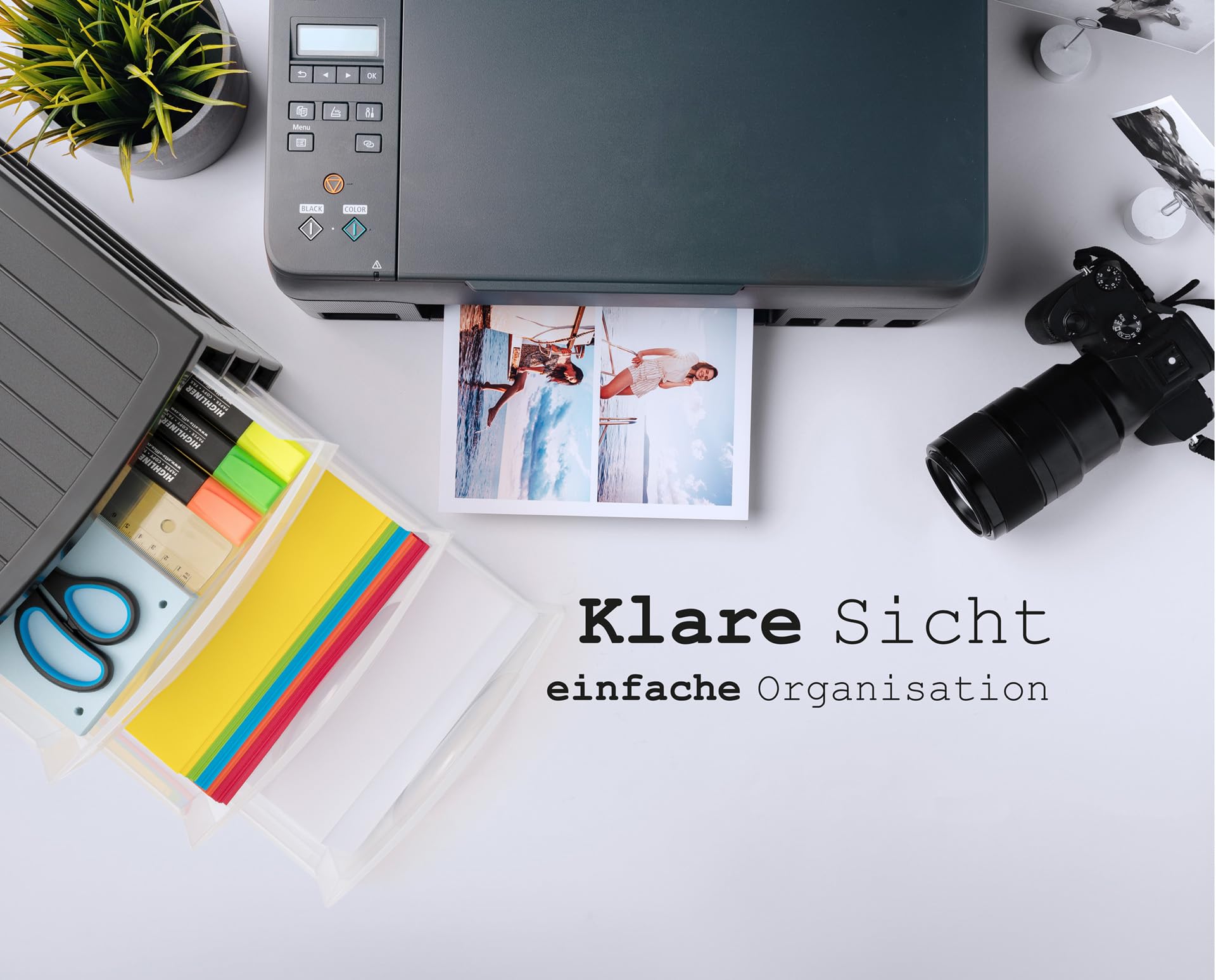 Hausfelder Schubladenbox A4, 3 Stück je 3 Schubladen, Schwarz Transparent | Set Schubladenboxen aus Kunststoff für Schreibtisch und Büro, stapelbar, DIN A4, inkl. Aufkleber