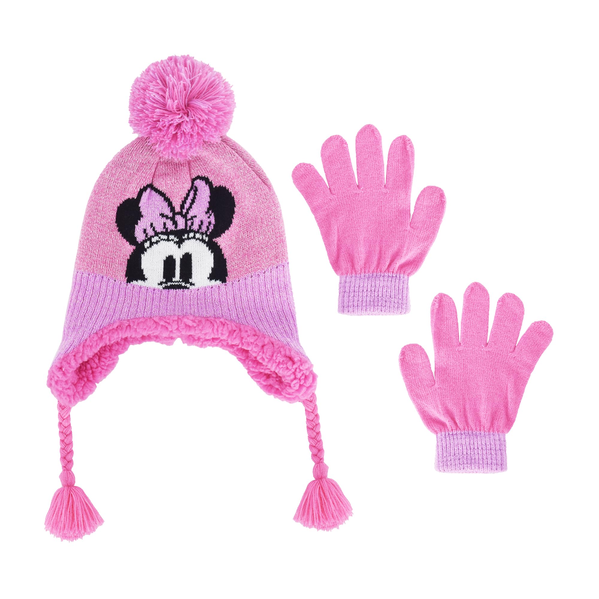 Concept One girls Disney Minnie Mouse Kids Double Pom Cuffed Beanie Hat and Gloves Set