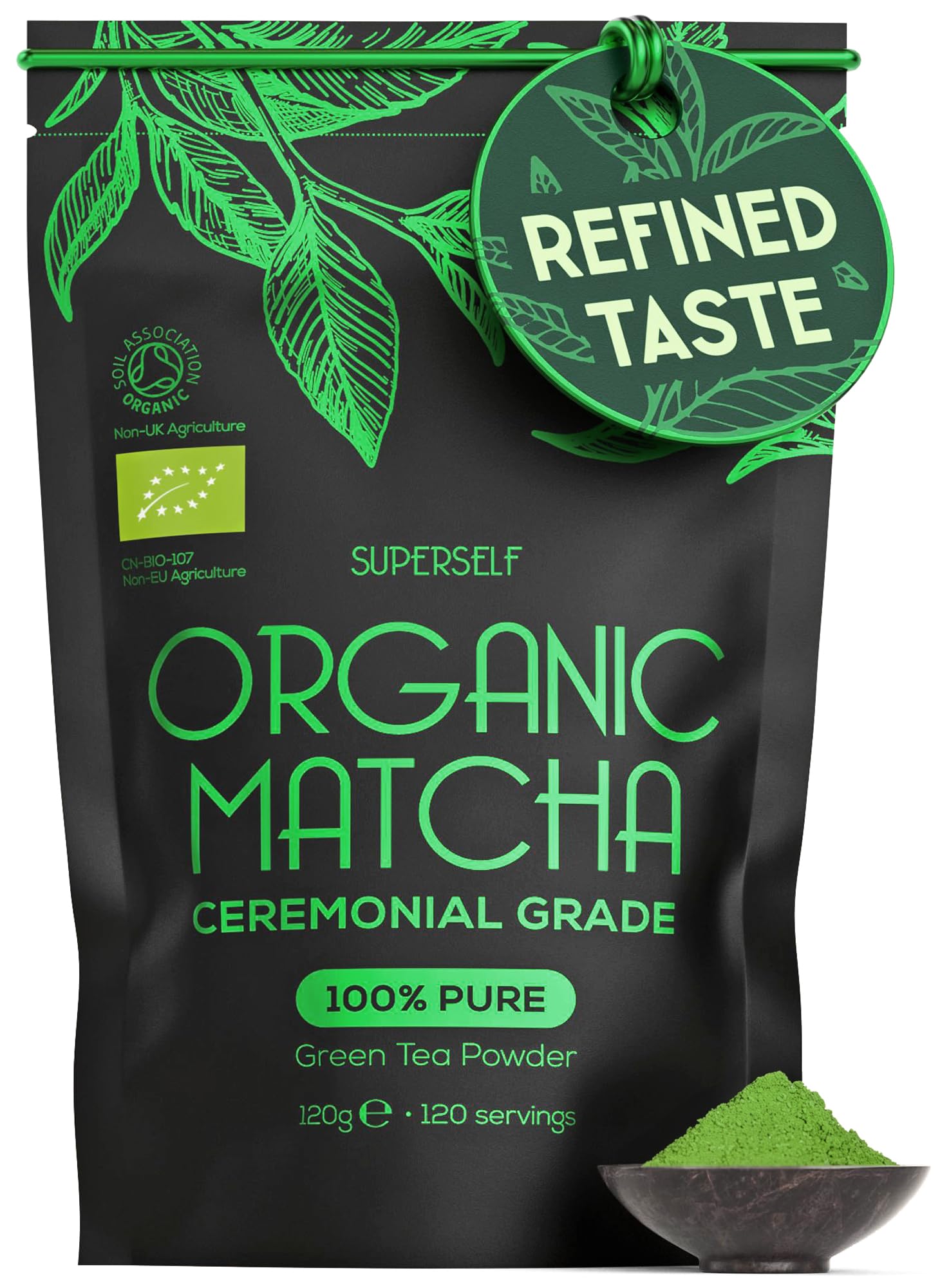 SuperSelfOrganic Matcha Powder - Ceremonial Grade & 100% Pure - Smooth Taste & Vibrant Green - Macha for Straight Tea, Lattes, Baking - Certified Organic - Japanese Stone Ground Method - Large 120gEU Organic